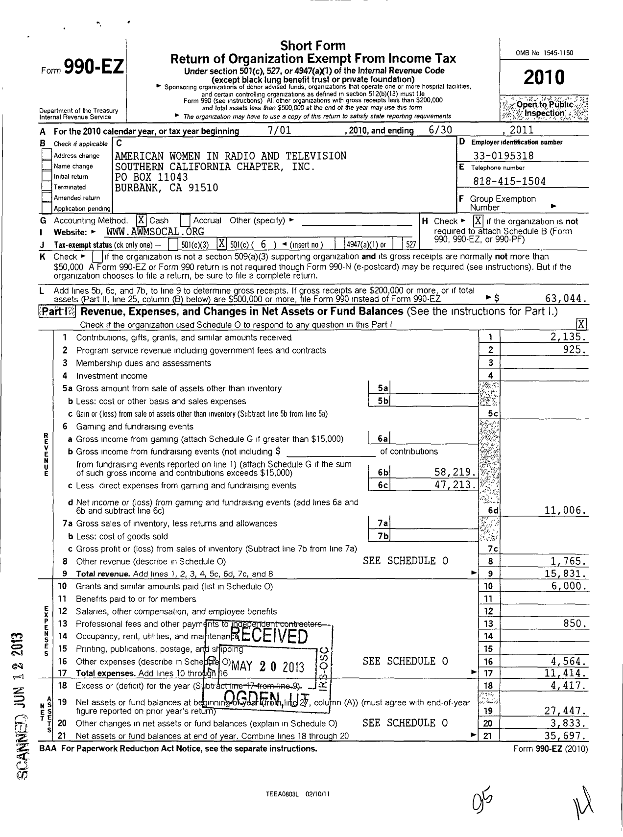 Image of first page of 2010 Form 990EO for Alliance for Women in Media Southern California Affiliate