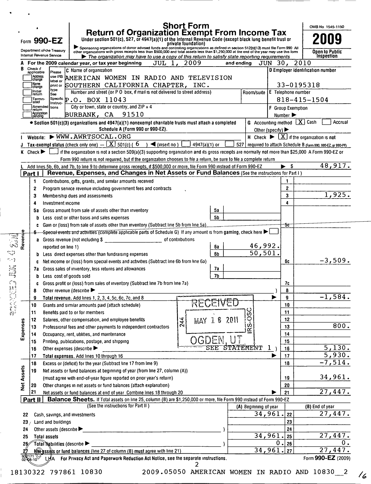 Image of first page of 2009 Form 990EO for Alliance for Women in Media Southern California Affiliate