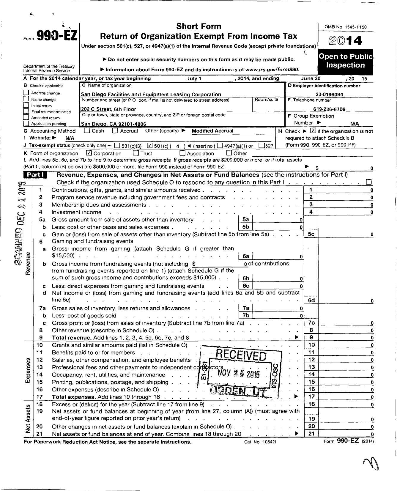 Image of first page of 2014 Form 990EO for San Diego Facilities and Equipment Leasing Corporation