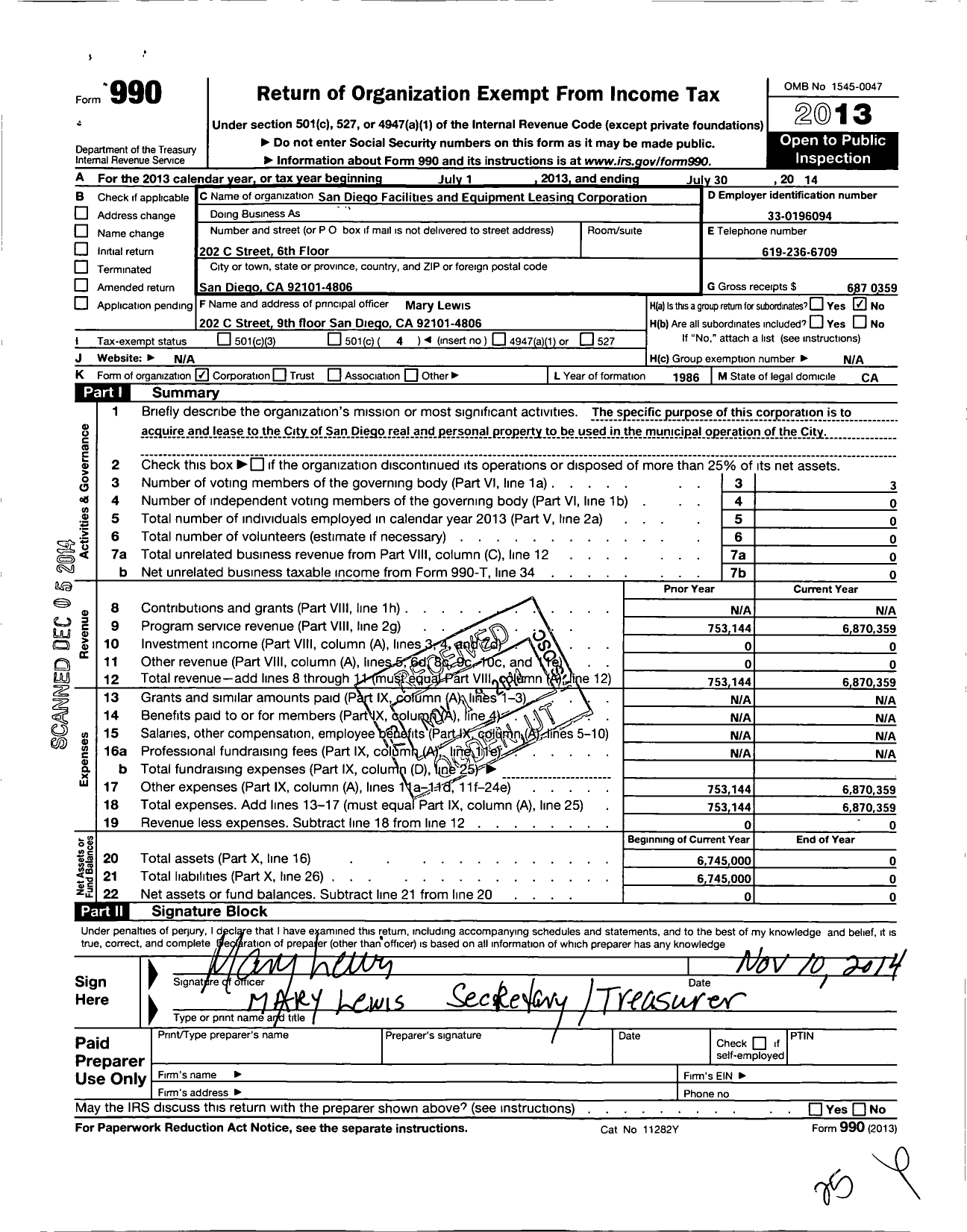 Image of first page of 2013 Form 990O for San Diego Facilities and Equipment Leasing Corporation