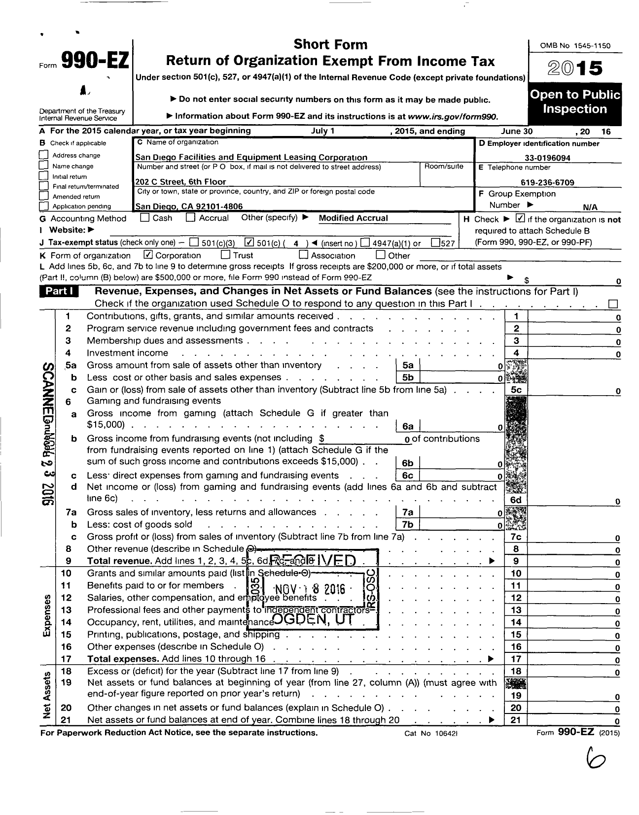 Image of first page of 2015 Form 990EO for San Diego Facilities and Equipment Leasing Corporation