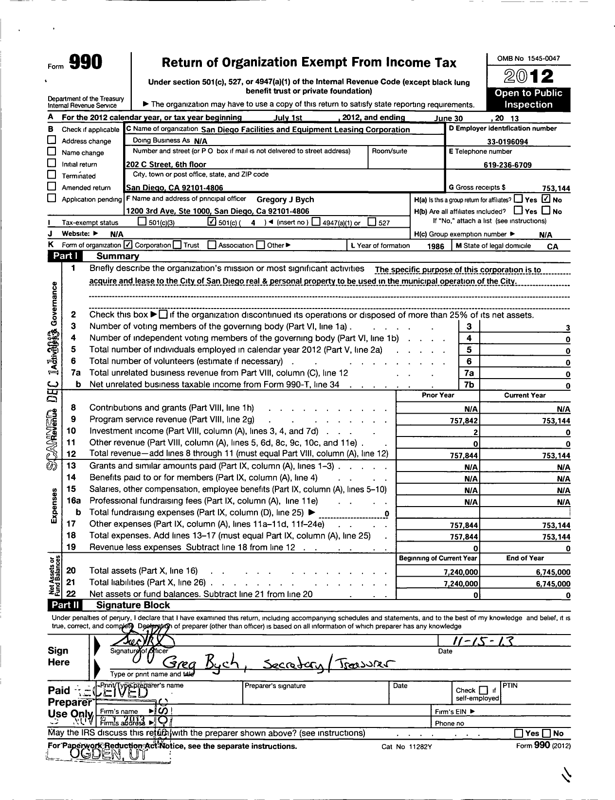 Image of first page of 2012 Form 990O for San Diego Facilities and Equipment Leasing Corporation