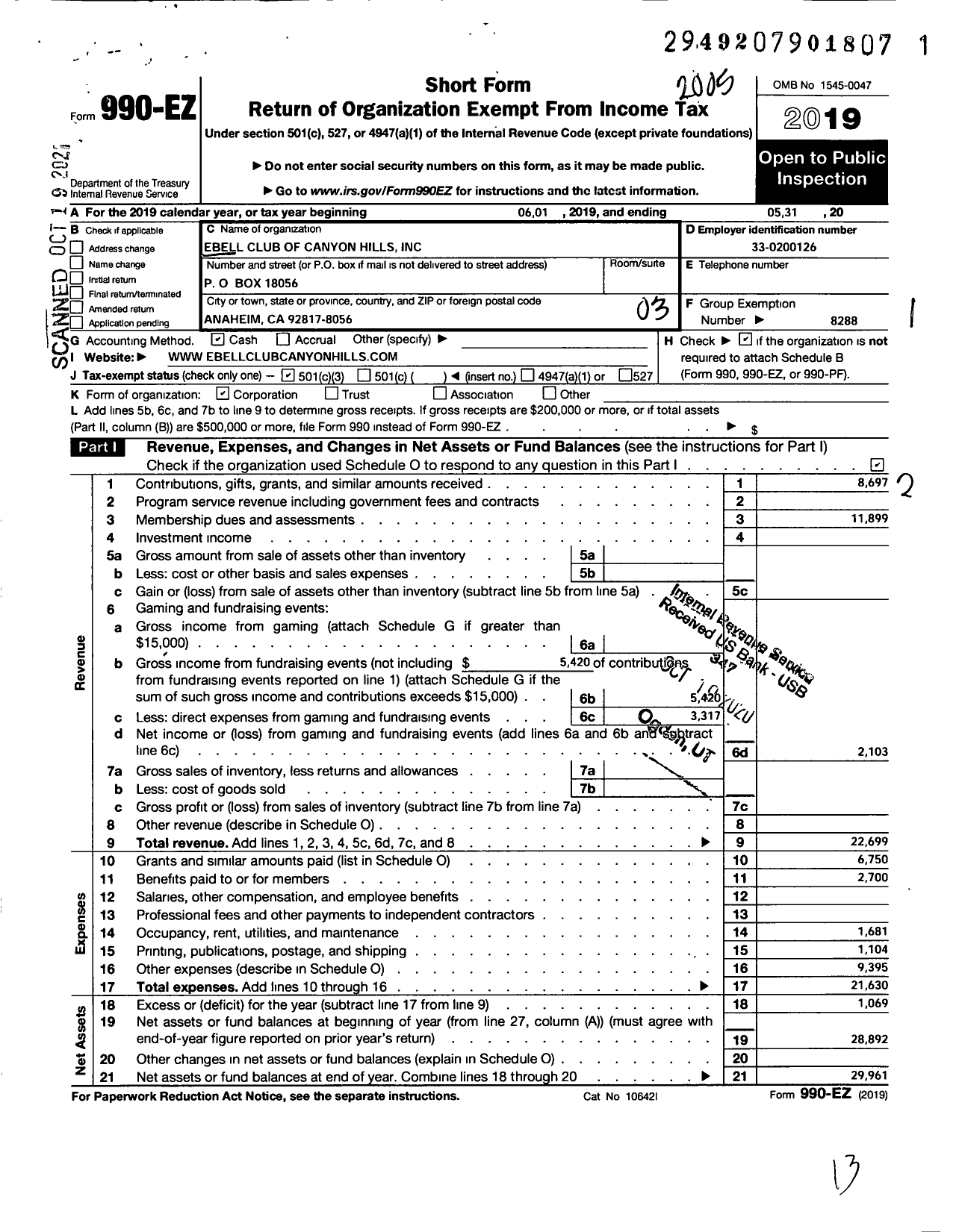 Image of first page of 2019 Form 990EZ for California Federation of Women's Clubs - Ebell Club of Canyon Hills