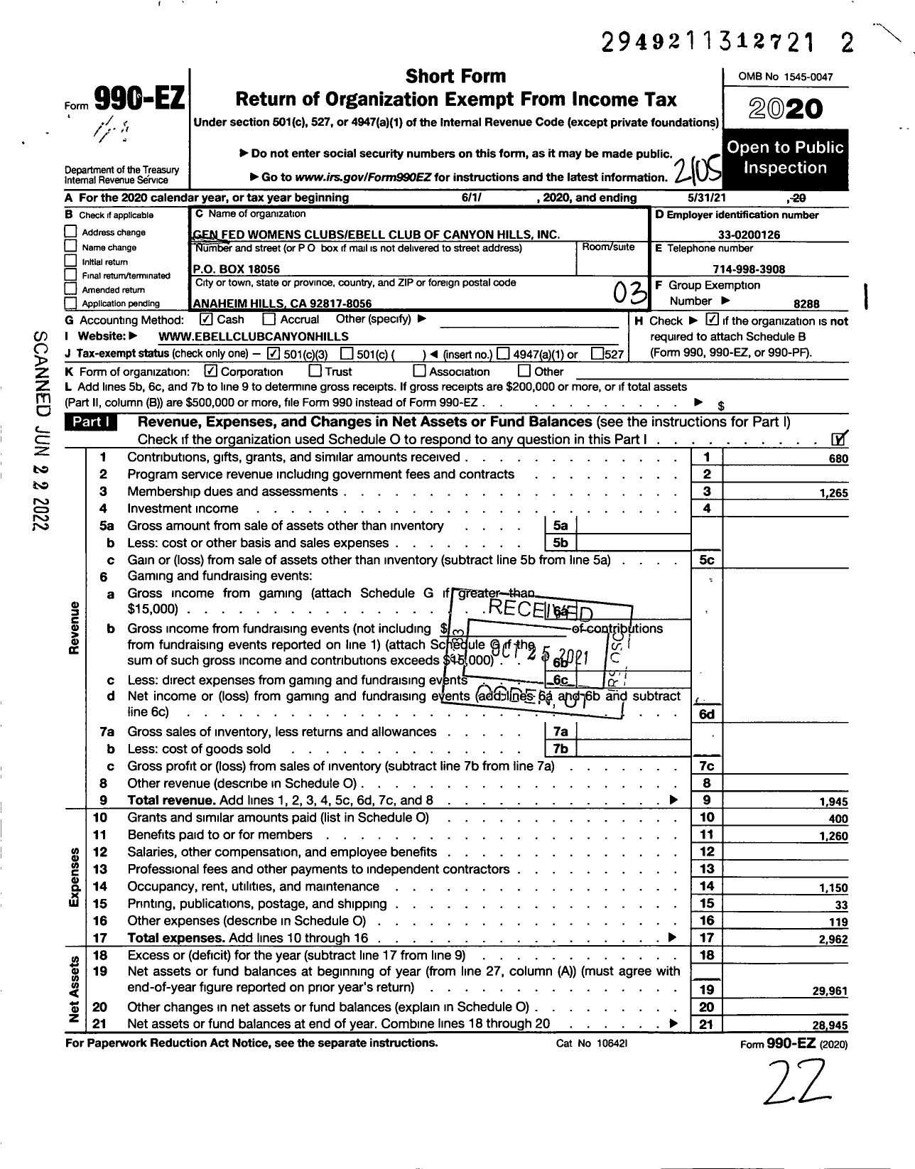 Image of first page of 2020 Form 990EZ for California Federation of Women's Clubs - Ebell Club of Canyon Hills