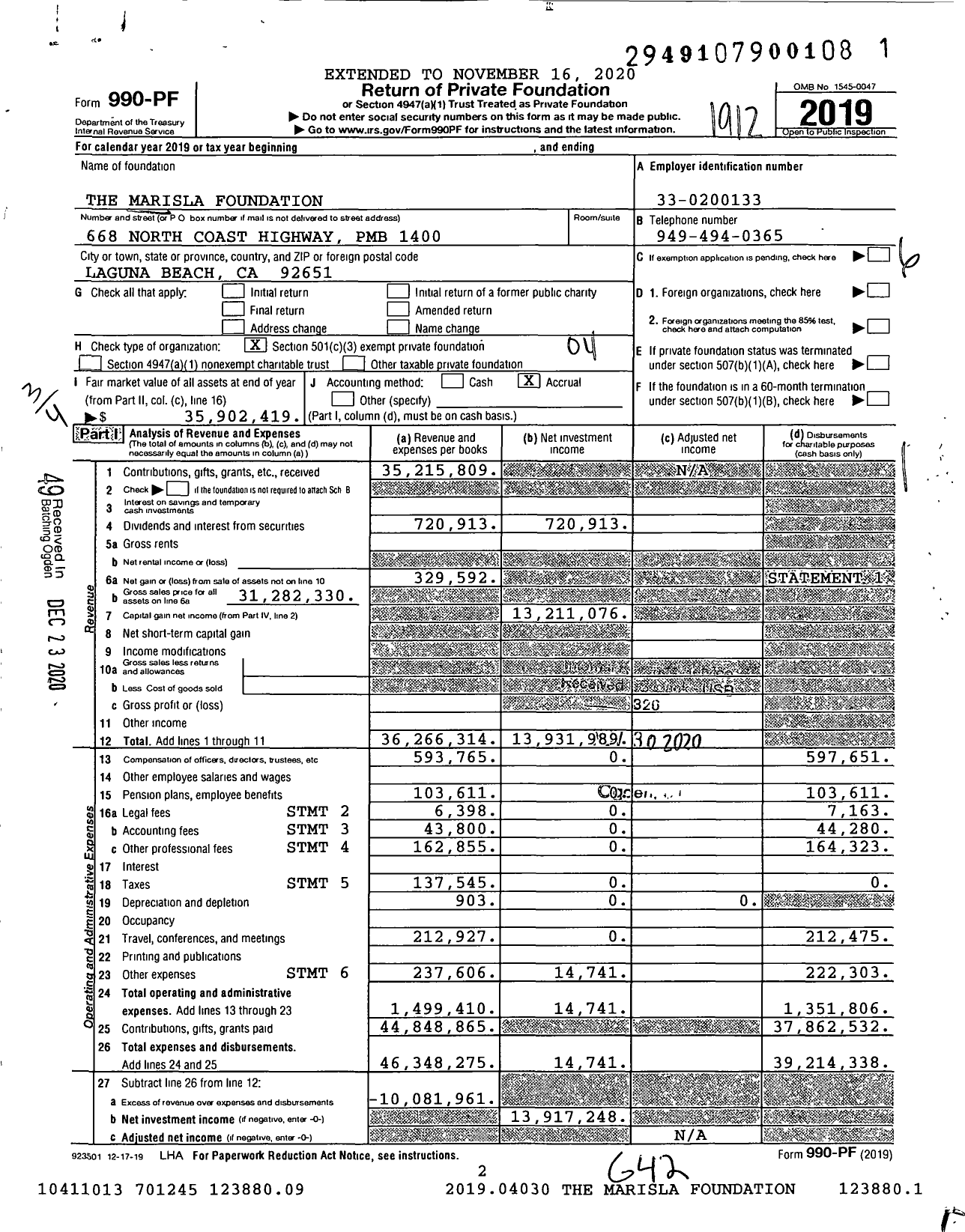 Image of first page of 2019 Form 990PF for The Marisla Foundation