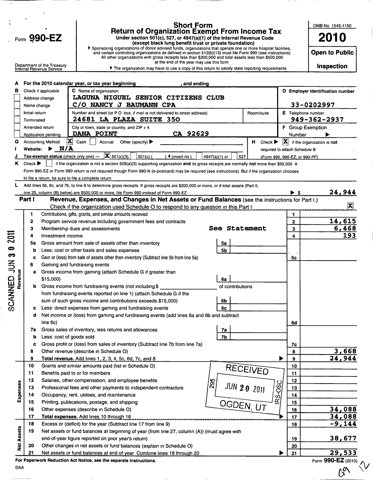 Image of first page of 2010 Form 990EZ for Laguna Niguel Senior Citizens Club