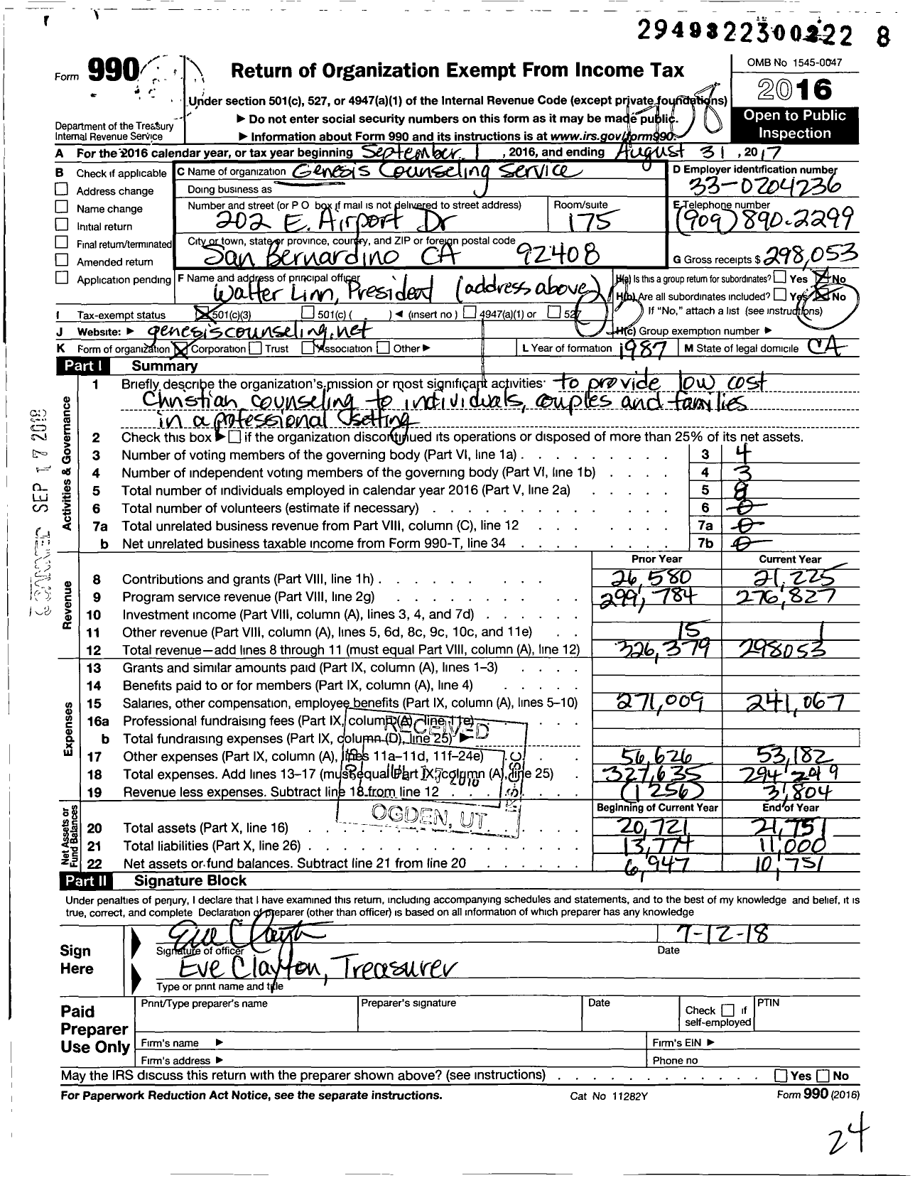 Image of first page of 2016 Form 990 for Genesis Counseling Service