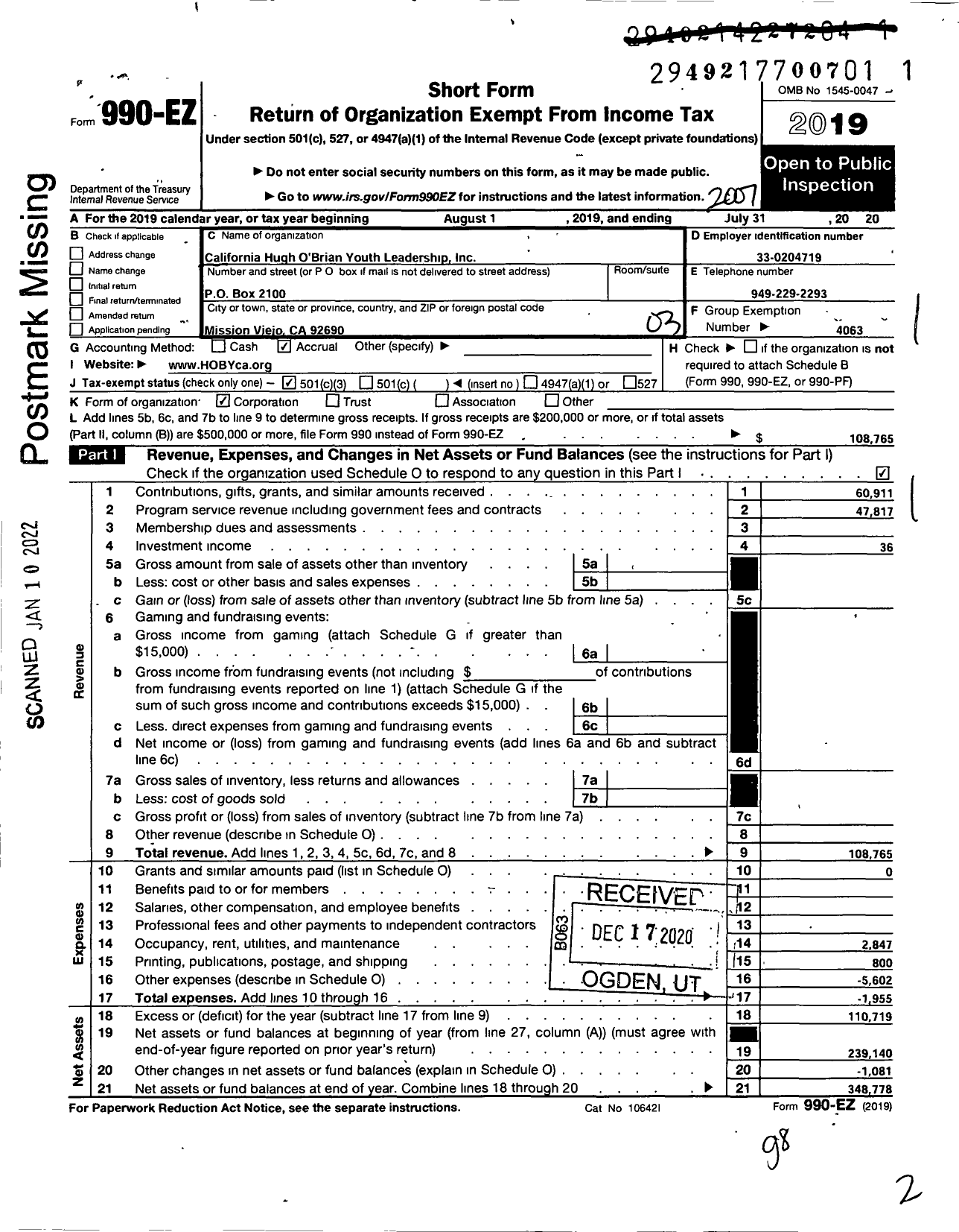 Image of first page of 2019 Form 990EZ for Hugh Obrian Youth Leadership / California Hugh Obrian Youth Leader