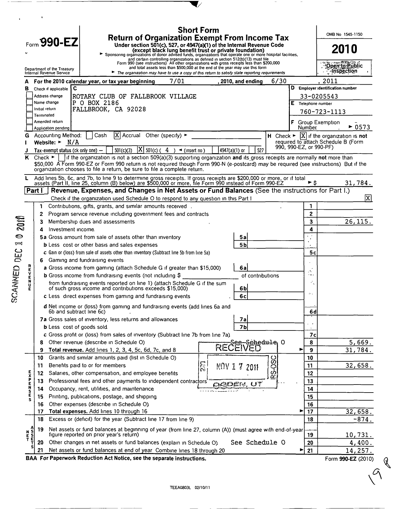 Image of first page of 2010 Form 990EO for Rotary International - Fallbrook Village Rotary Club