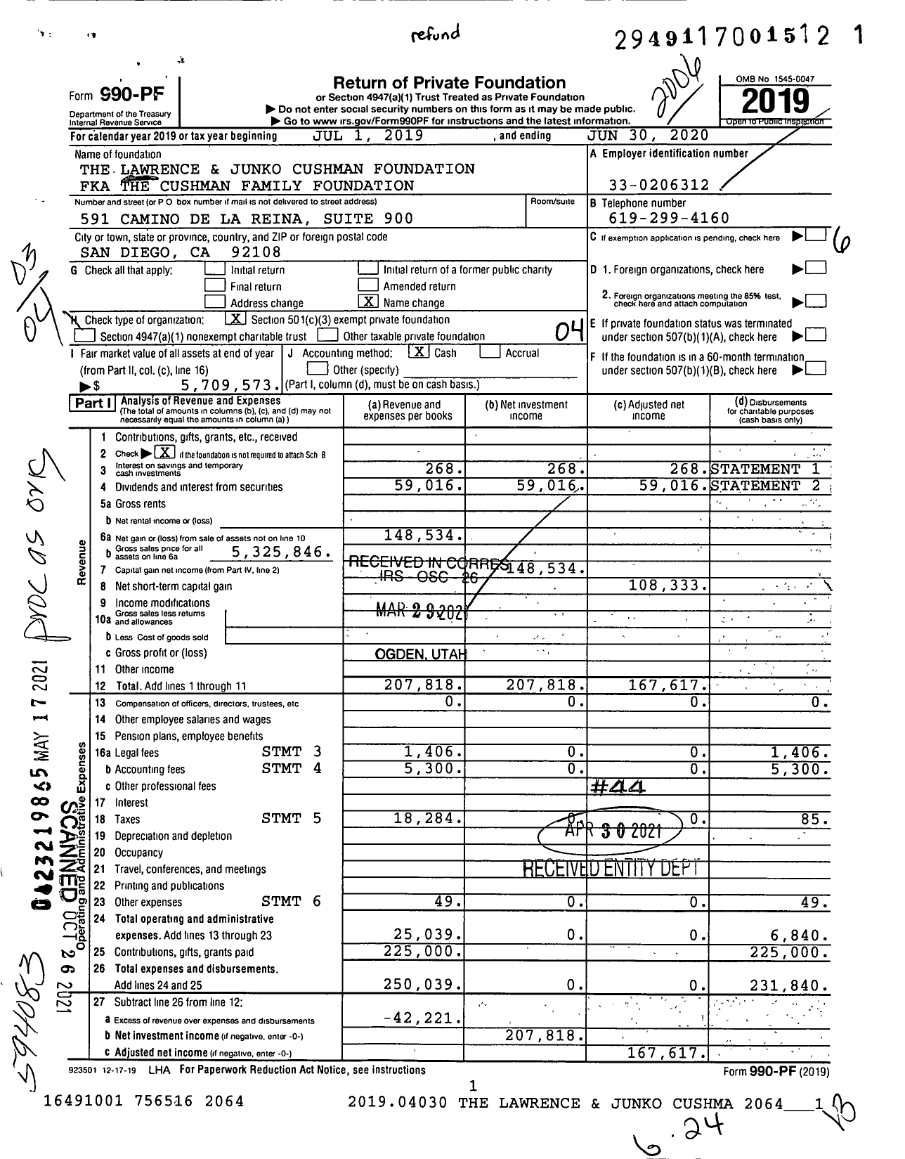 Image of first page of 2019 Form 990PF for The Lawrence and Junko Cushman Foundation