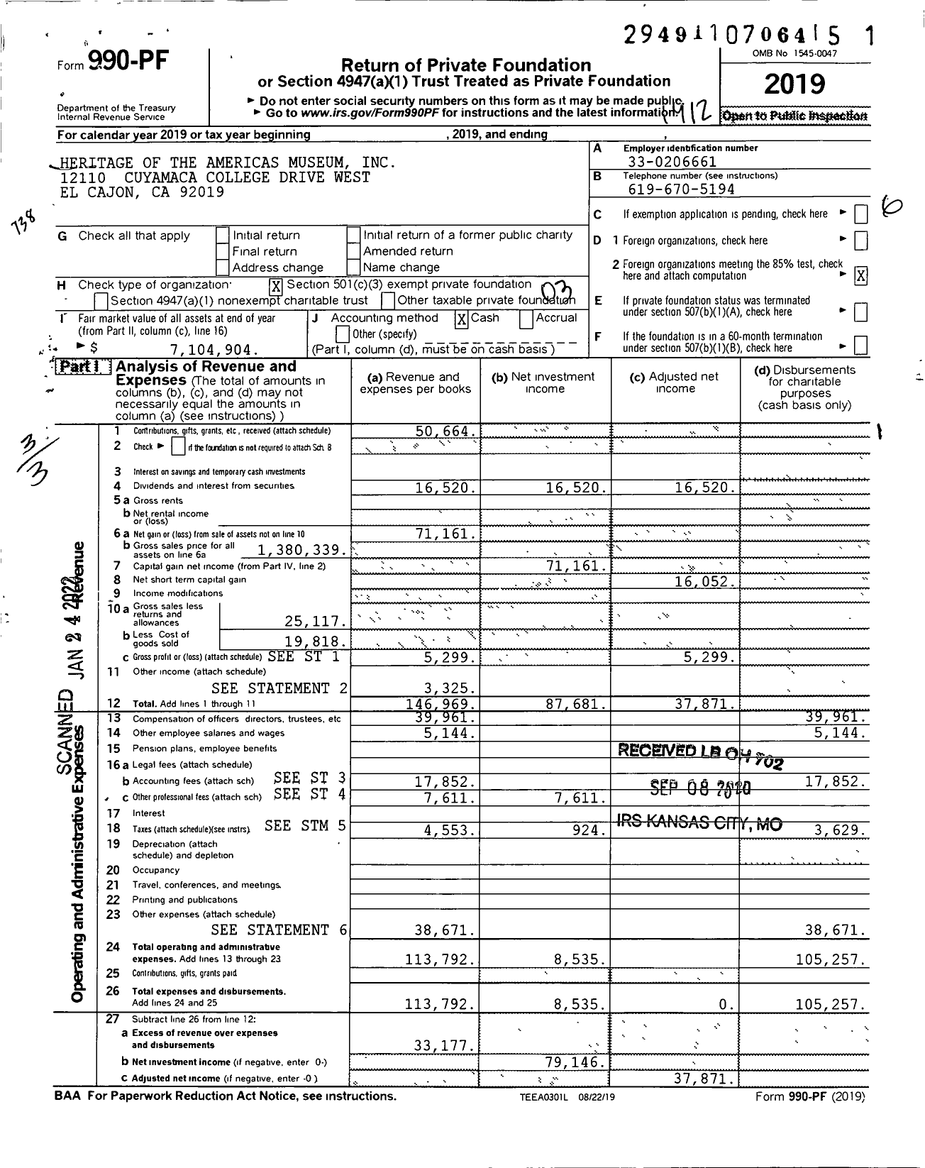 Image of first page of 2019 Form 990PF for Heritage of the Americas Museum