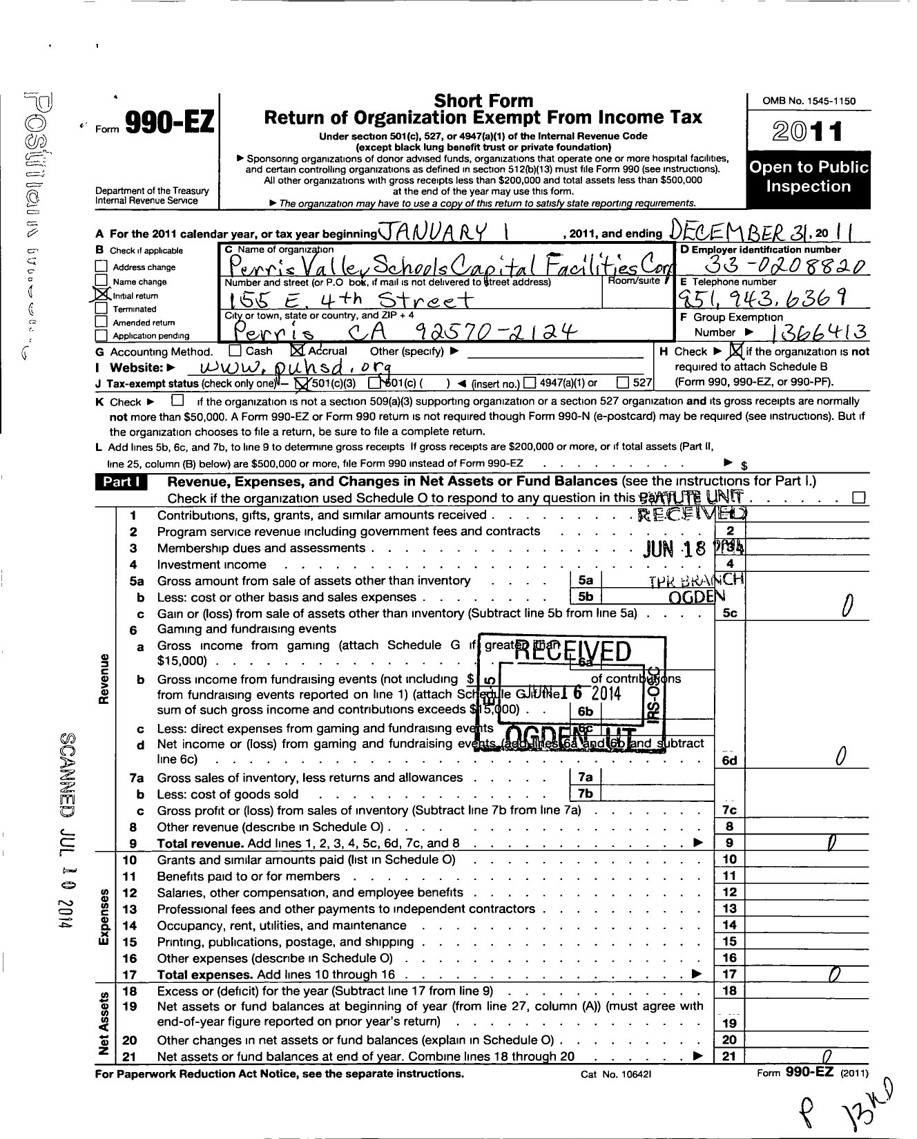 Image of first page of 2011 Form 990EZ for Perris Valley Schools Capital Facilities Corporation