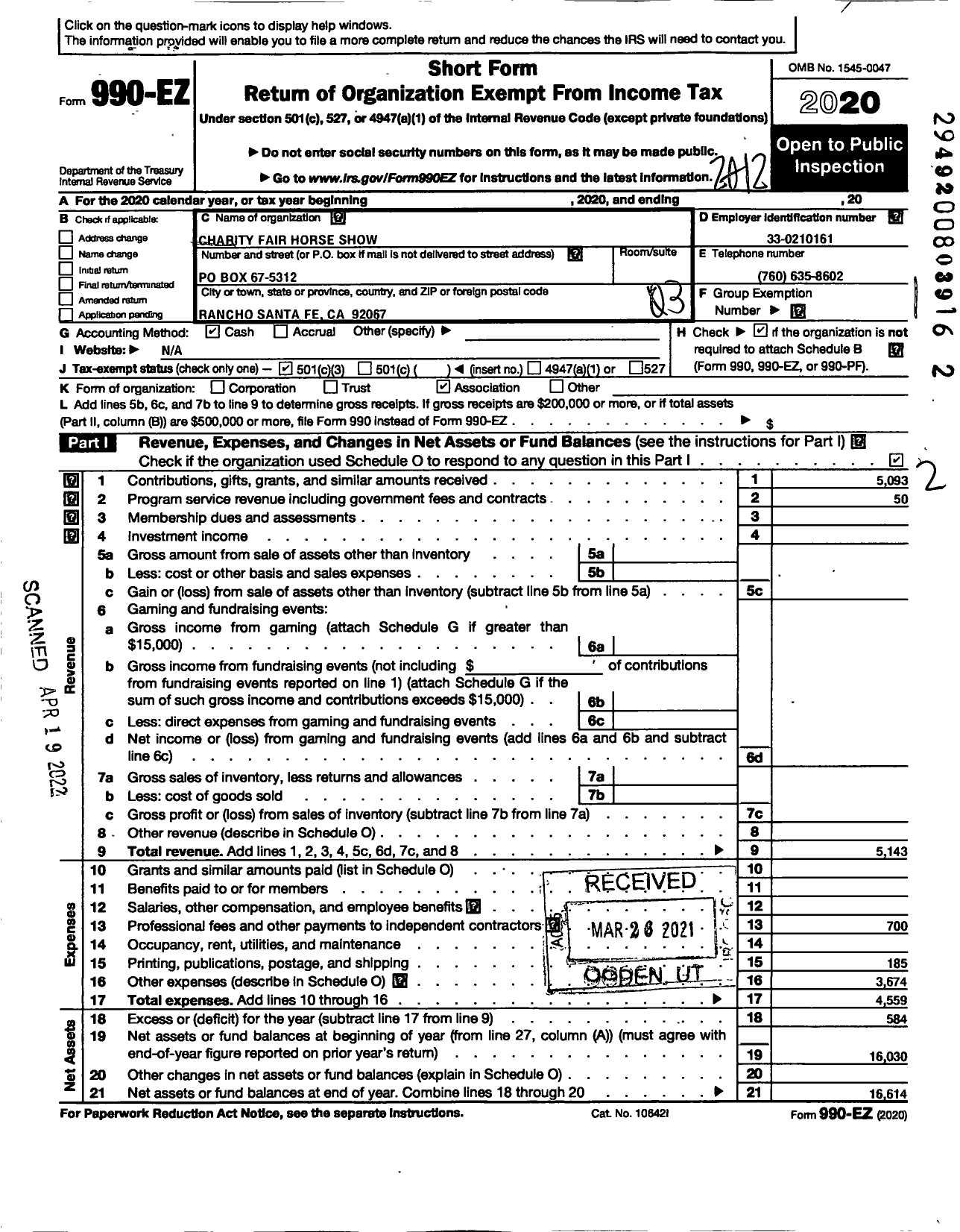 Image of first page of 2020 Form 990EZ for Charity Fair Horse Show