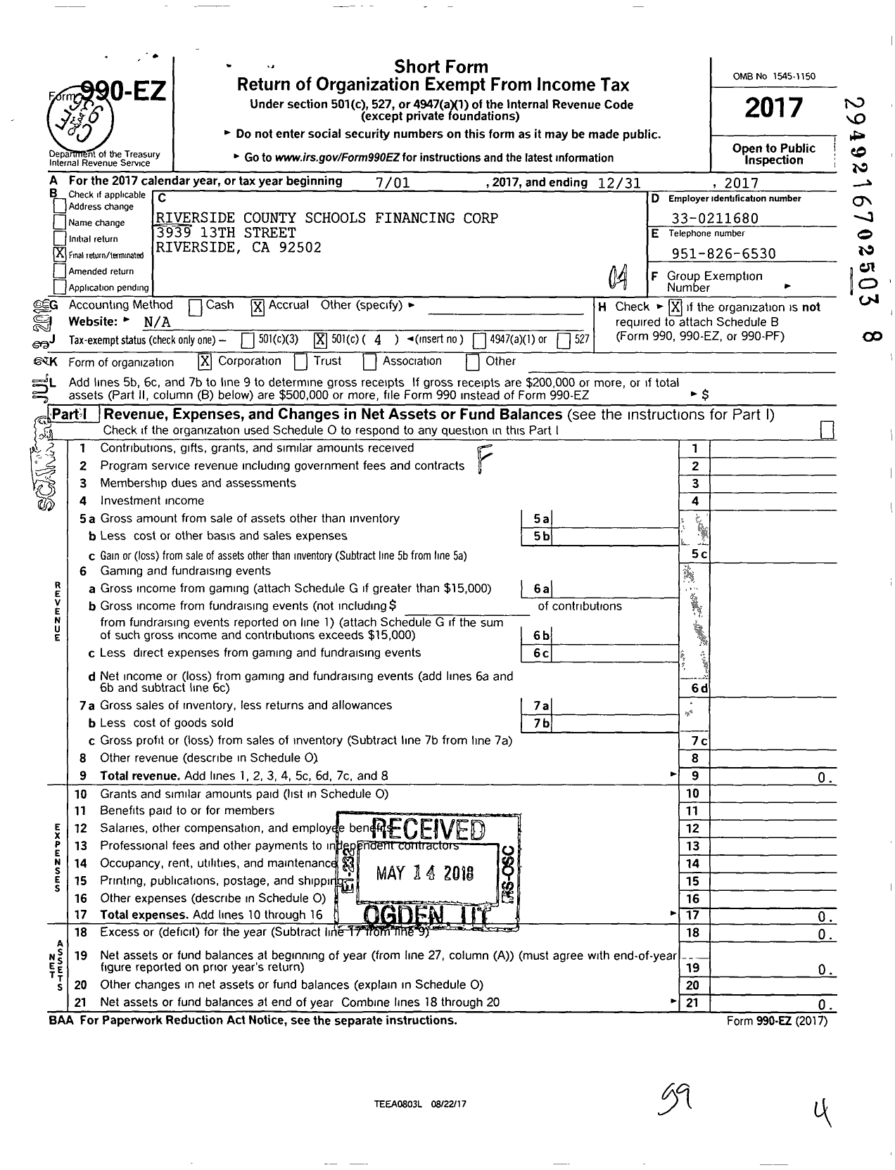 Image of first page of 2017 Form 990EO for Riverside County Schools Financing Corporation