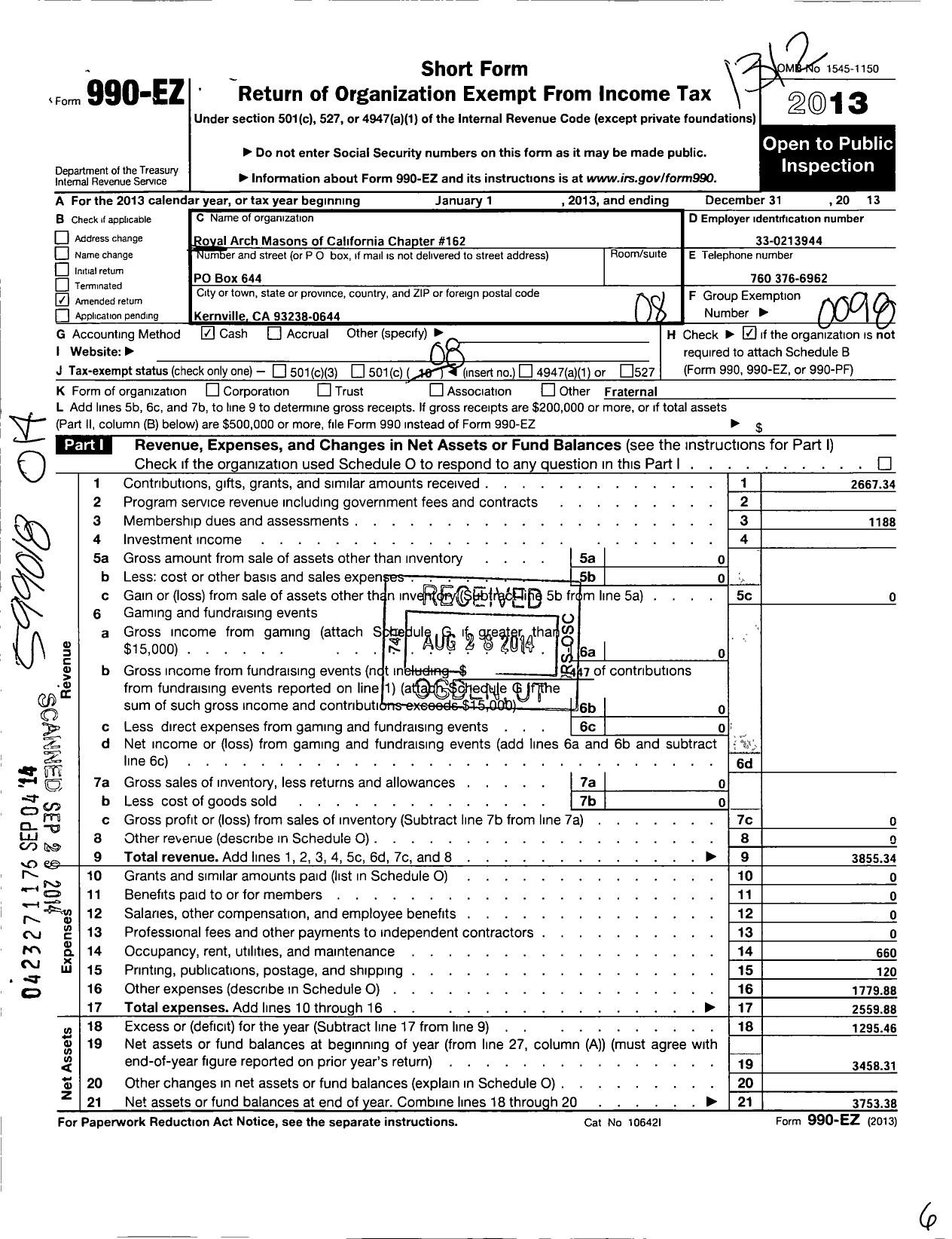 Image of first page of 2013 Form 990EO for Royal Arch Masons of California - 162 Kern River Chapter