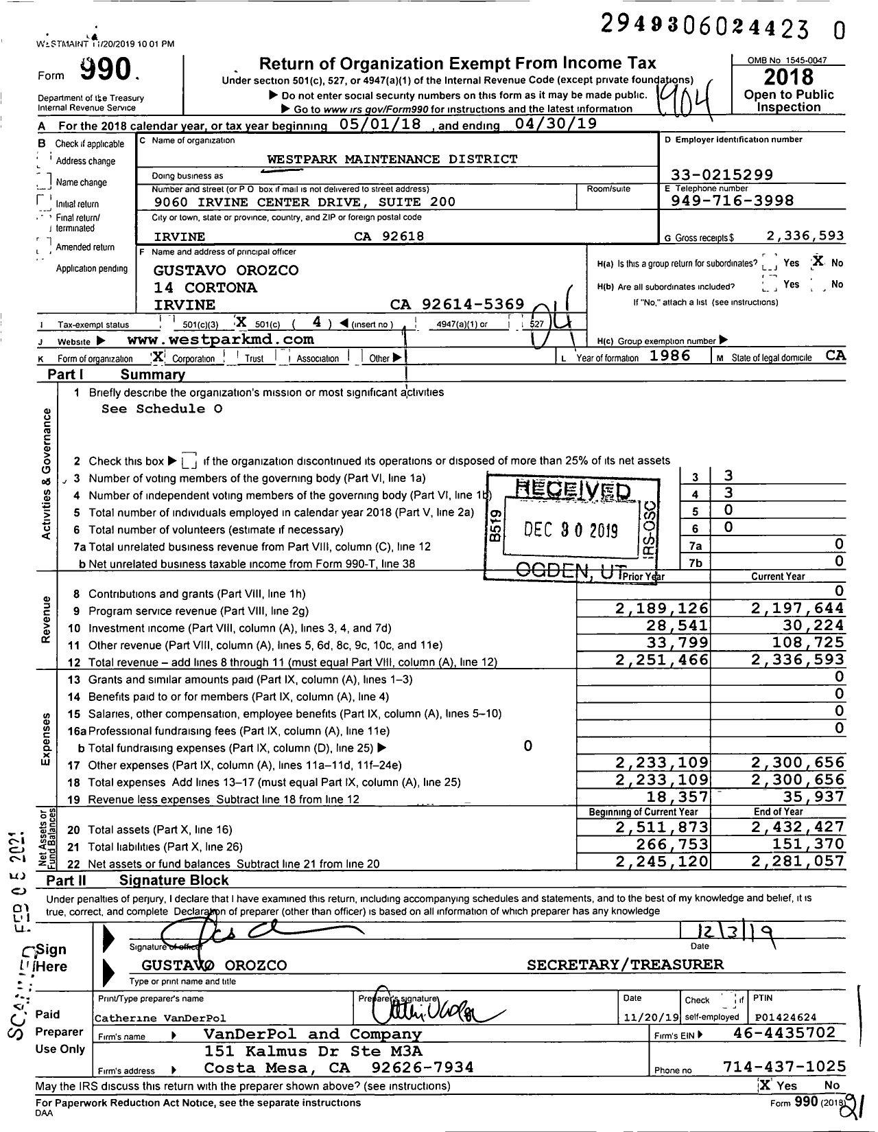 Image of first page of 2018 Form 990O for Westpark Maintenance District