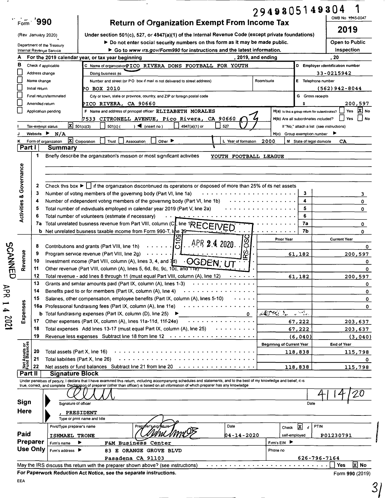 Image of first page of 2019 Form 990 for Pico Rivera Dons Football for Youth