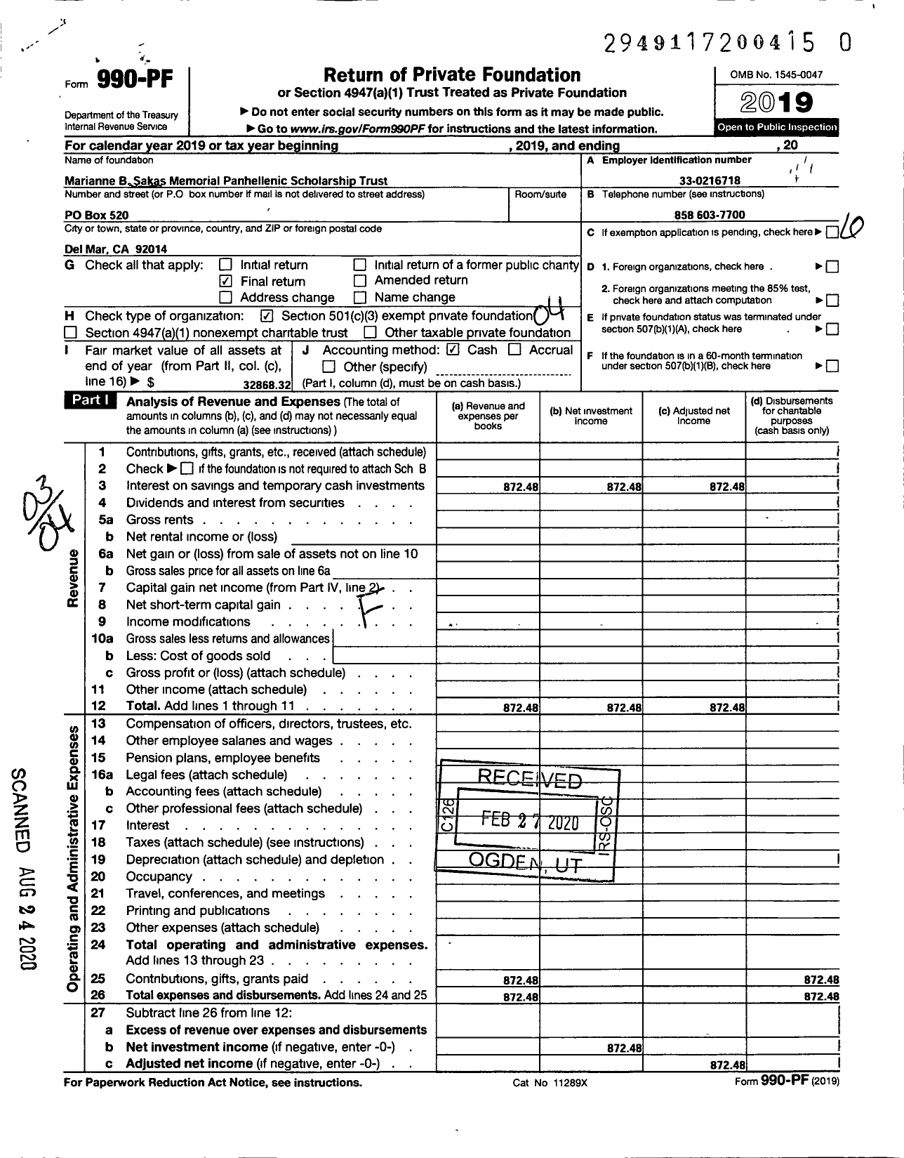 Image of first page of 2019 Form 990PR for Marianne Bennett Sakas Memorial Panhellenic Scholarship Trust