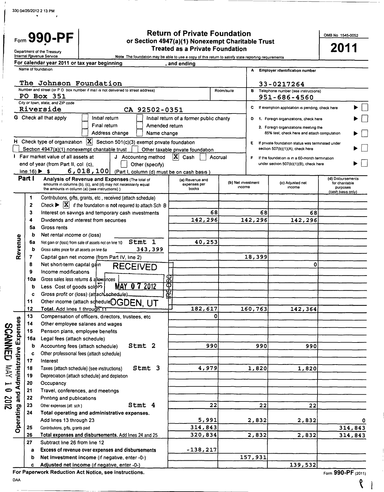 Image of first page of 2011 Form 990PF for The Johnson Foundation