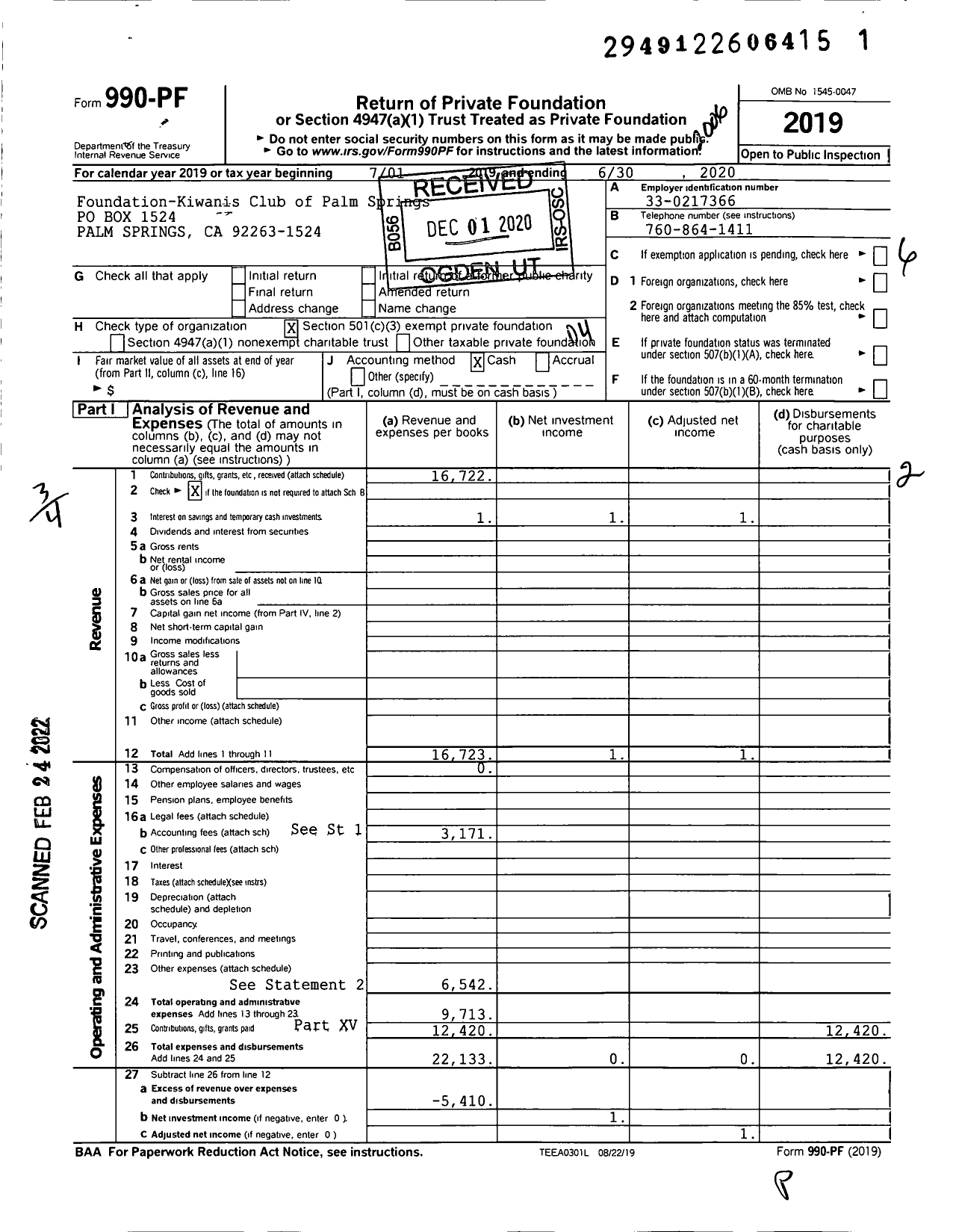 Image of first page of 2019 Form 990PF for Kiwanis Club of Palm Springs Ca Foundation