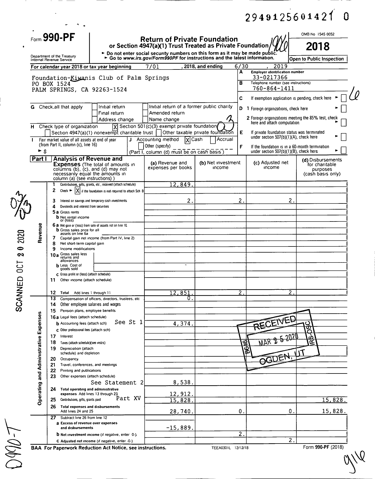 Image of first page of 2018 Form 990PR for Kiwanis Club of Palm Springs Ca Foundation