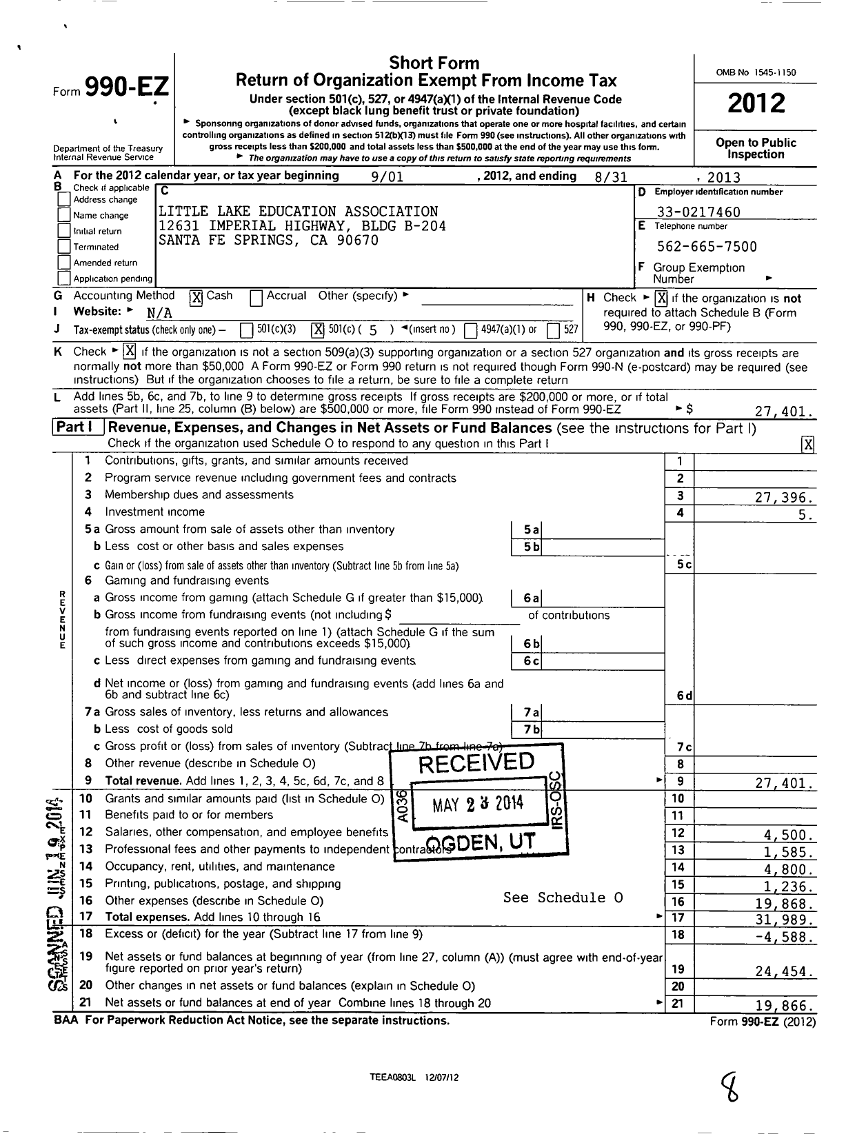 Image of first page of 2012 Form 990EO for California Teachers Association - Little Lake Education Assoc