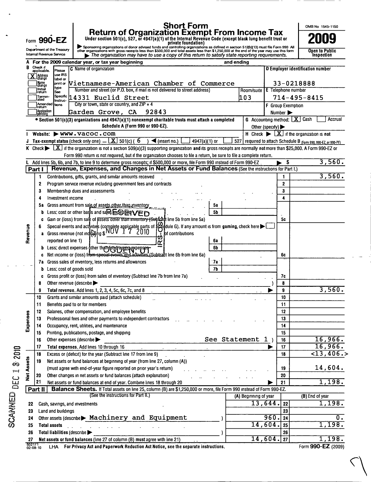 Image of first page of 2009 Form 990EO for Vietnamese American Chamber of Commerce