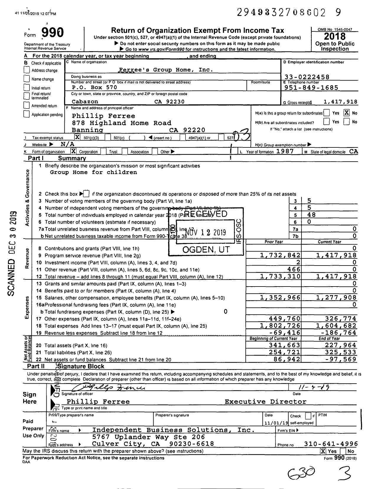 Image of first page of 2018 Form 990 for Ferrees Group Home Incorporated