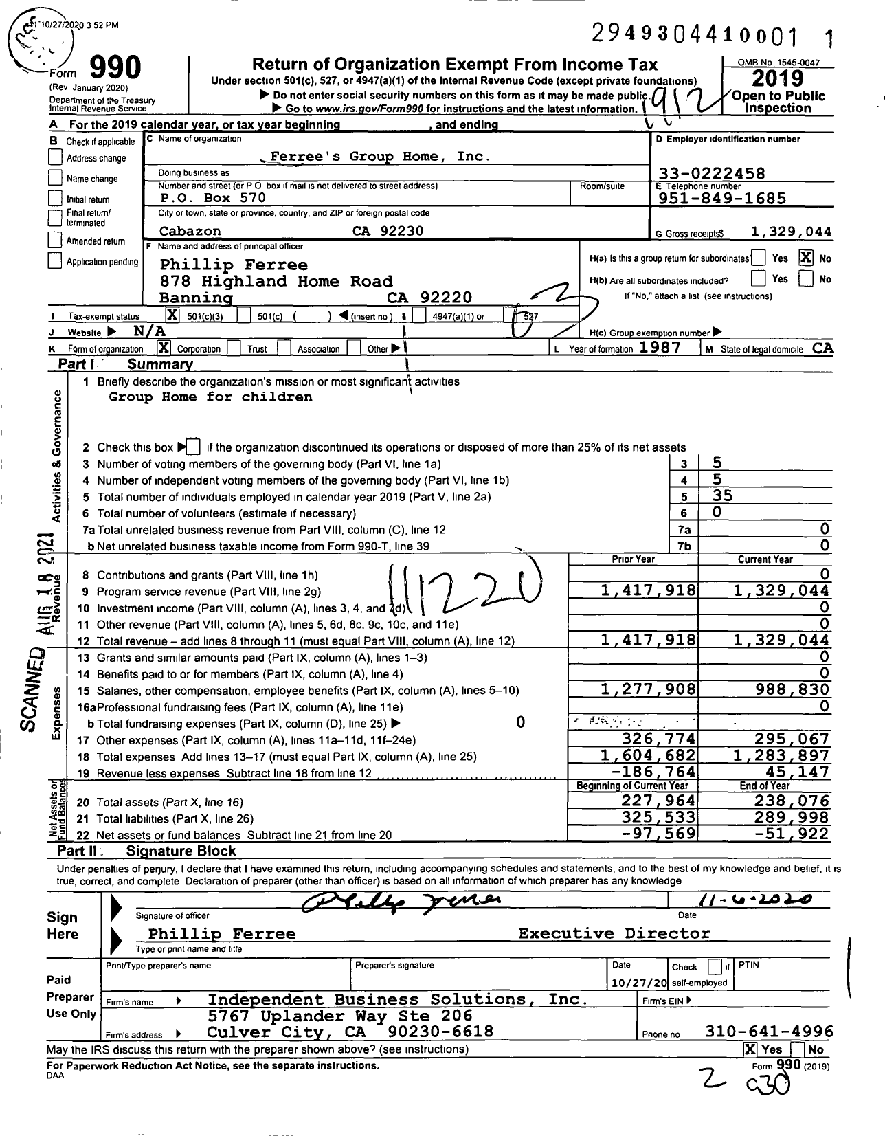 Image of first page of 2019 Form 990 for Ferrees Group Home Incorporated