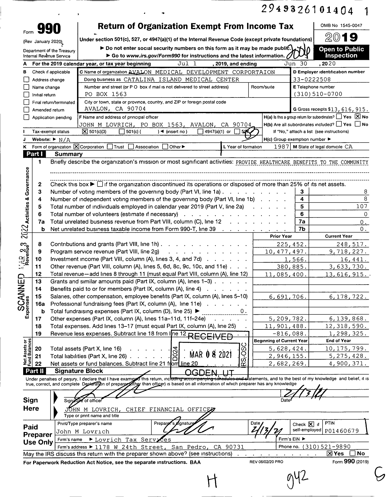 Image of first page of 2019 Form 990 for Catalina Island Medical Center