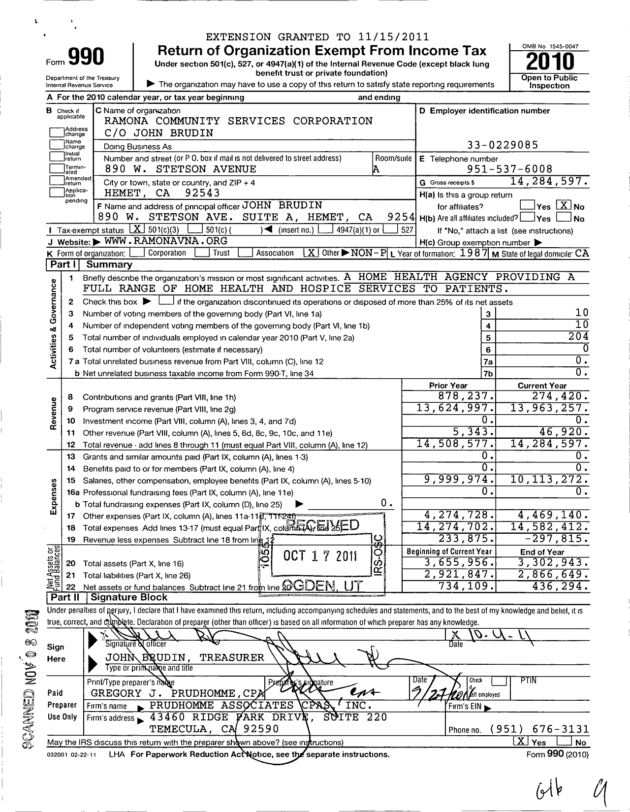 Image of first page of 2010 Form 990 for Ramona Community Services Corporation