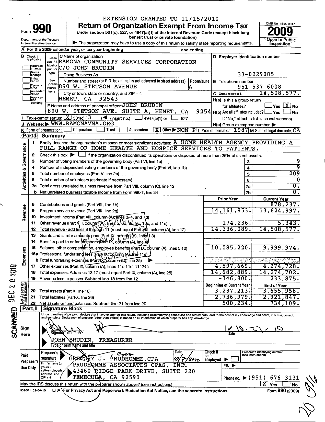 Image of first page of 2009 Form 990 for Ramona Community Services Corporation