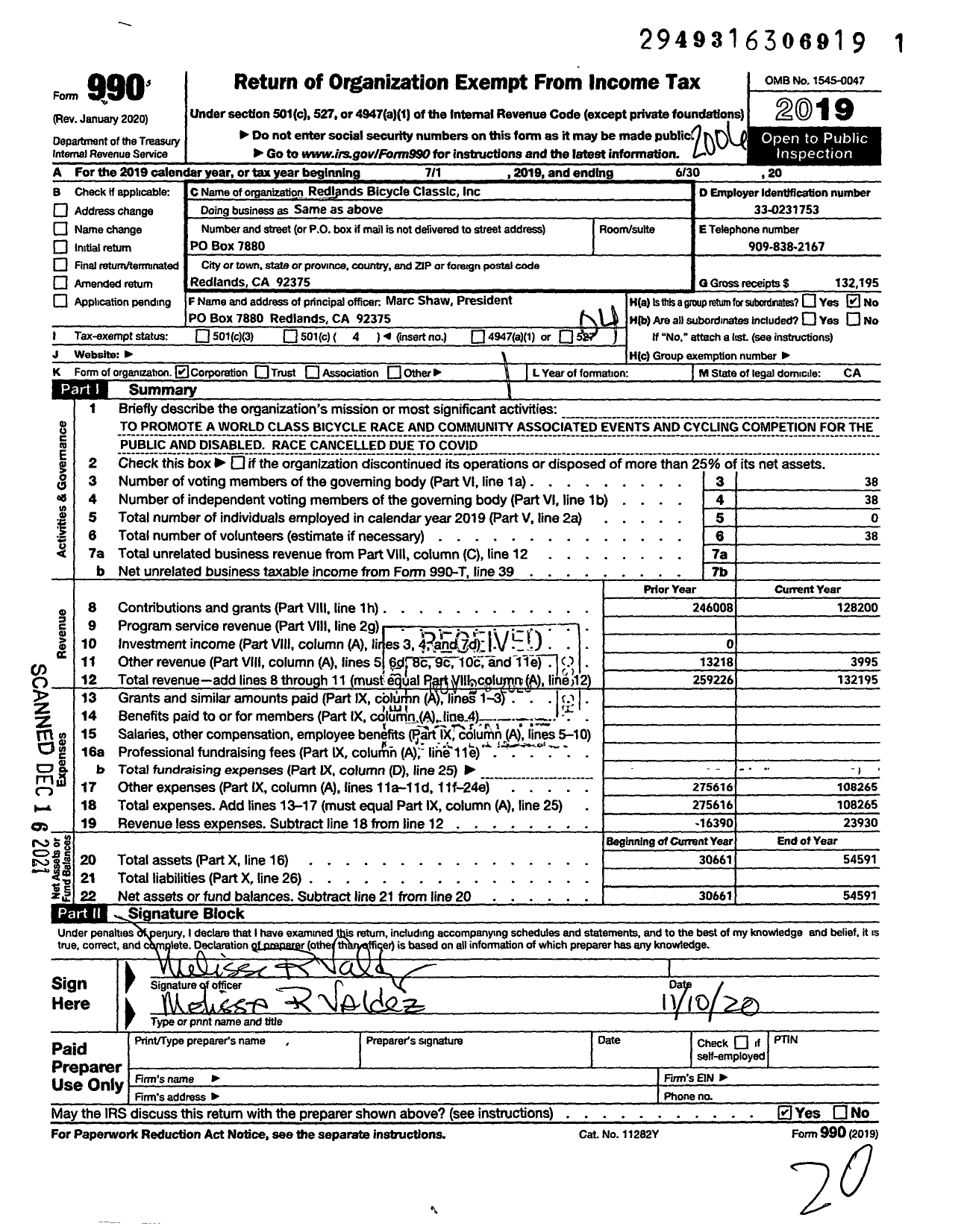 Image of first page of 2019 Form 990O for Redlands Bicycle Classic