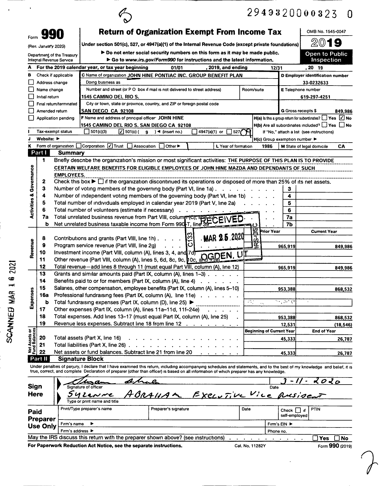 Image of first page of 2019 Form 990O for John Hine Pontiac Group Benefit Plan