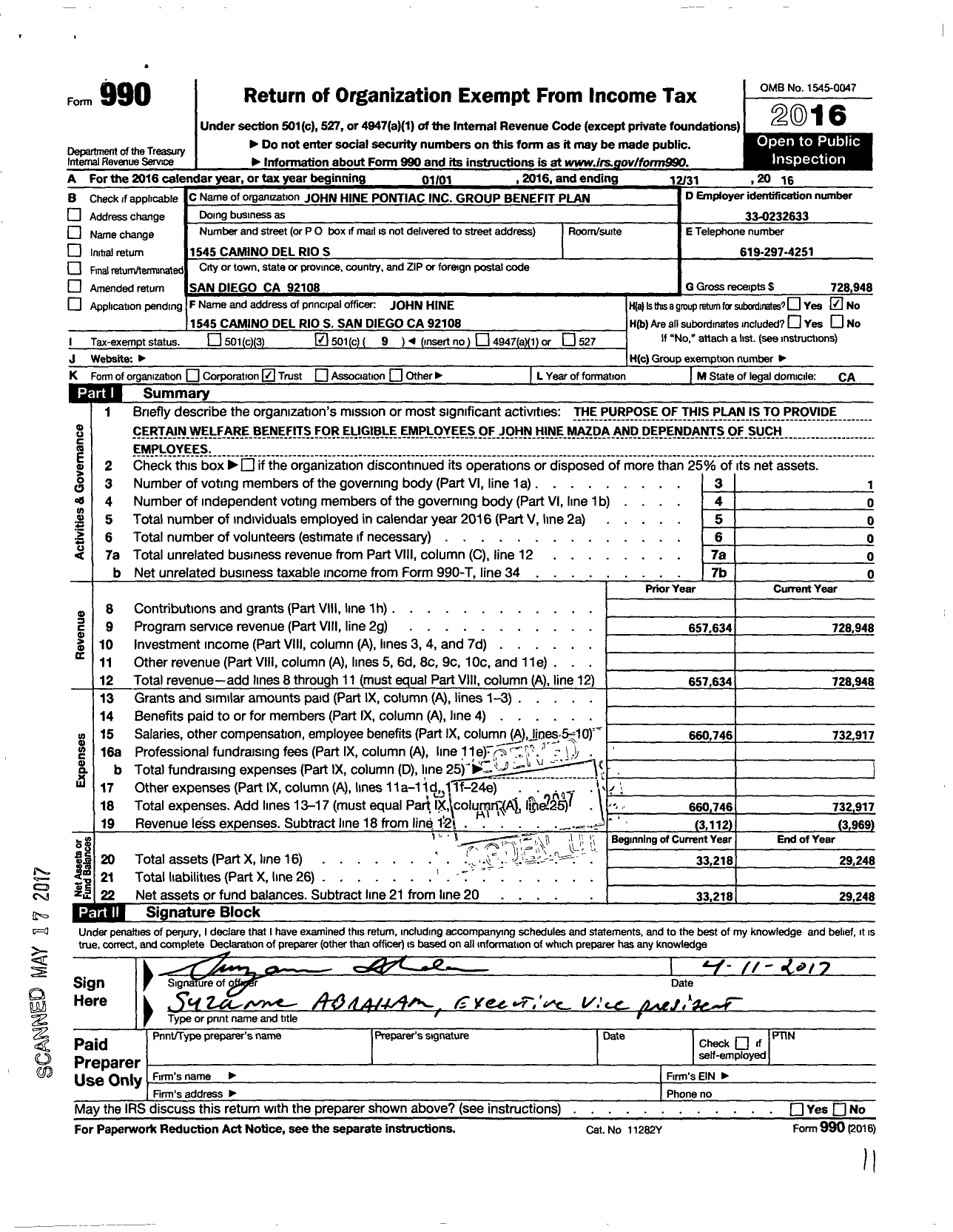 Image of first page of 2016 Form 990O for John Hine Pontiac Group Benefit Plan