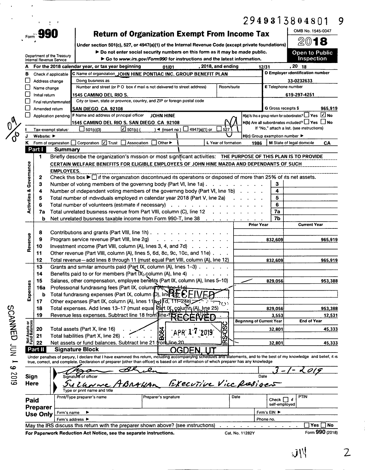 Image of first page of 2018 Form 990O for John Hine Pontiac Group Benefit Plan