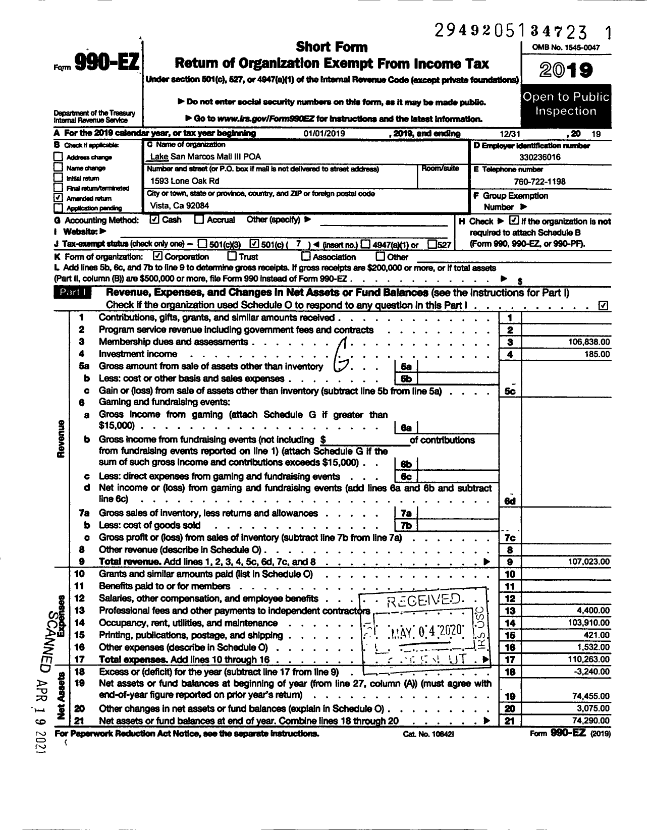 Image of first page of 2019 Form 990EO for Lake San Marcos Mall Iii Property Owners Association