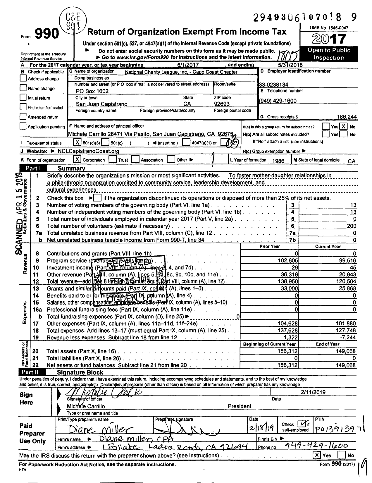 Image of first page of 2017 Form 990 for National Charity League - Capistrano Coast Chapter