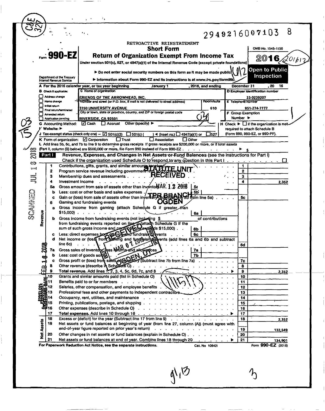 Image of first page of 2016 Form 990EZ for Friends of the Arrowhead