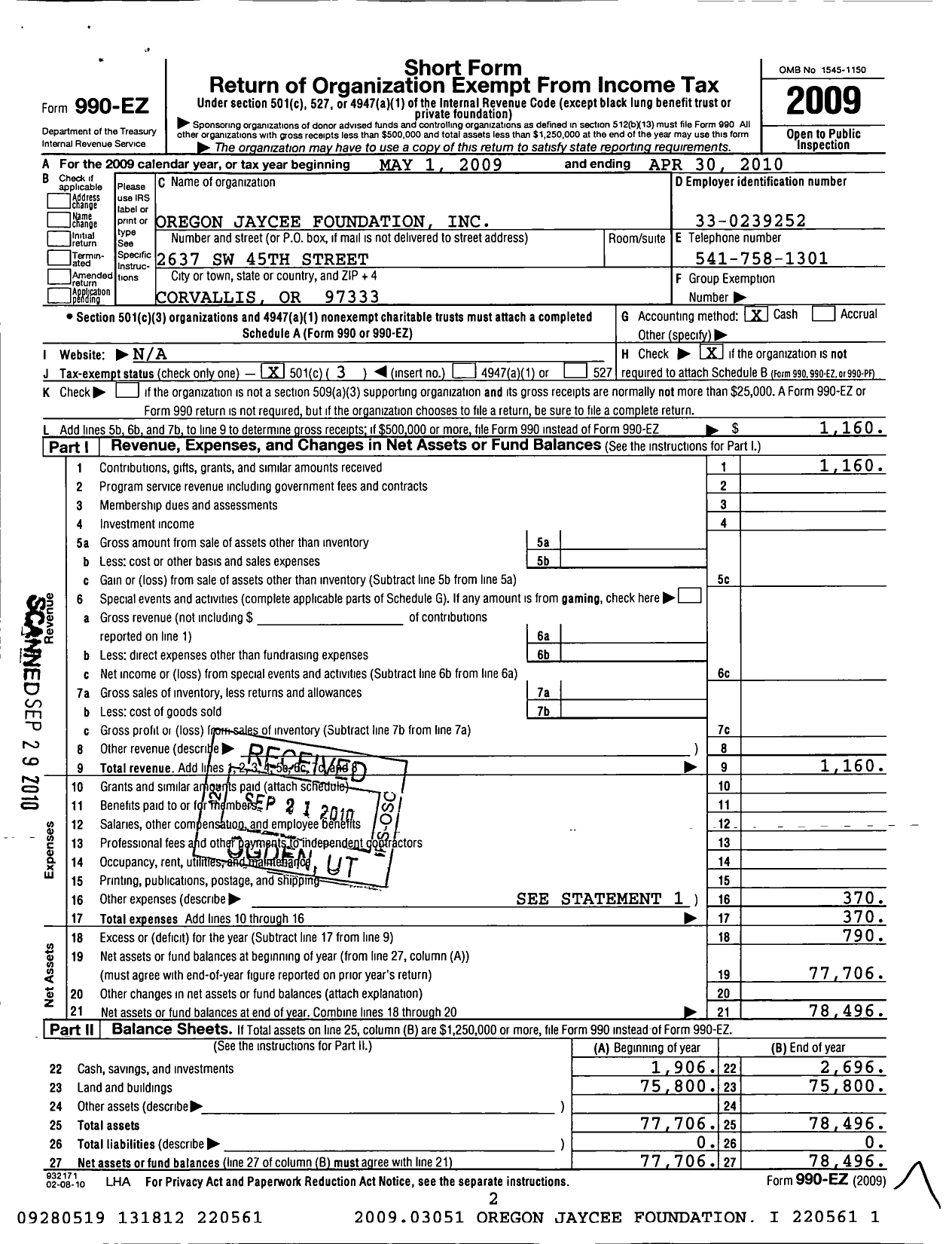 Image of first page of 2009 Form 990EZ for Oregon Jaycee Foundation