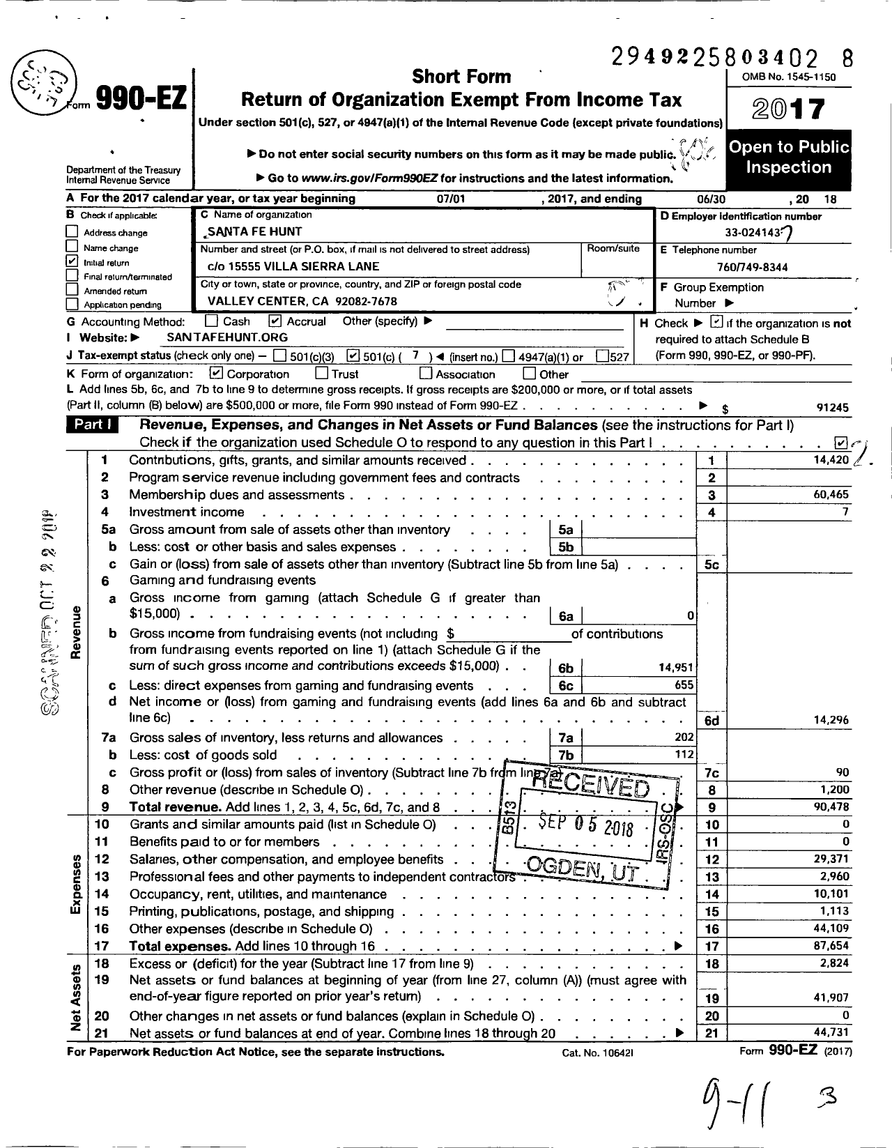 Image of first page of 2017 Form 990EO for Santa Fe Hunt