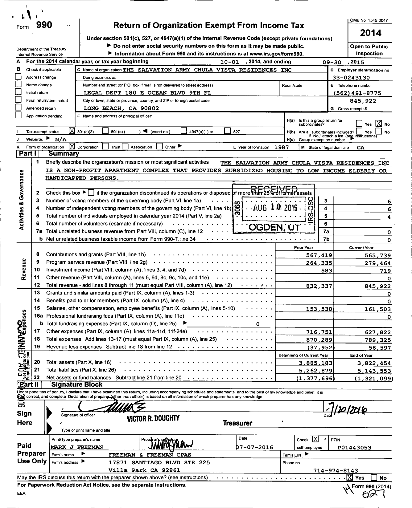 Image of first page of 2014 Form 990 for The Salvation Army San Diego Adult Rehabilitation Center