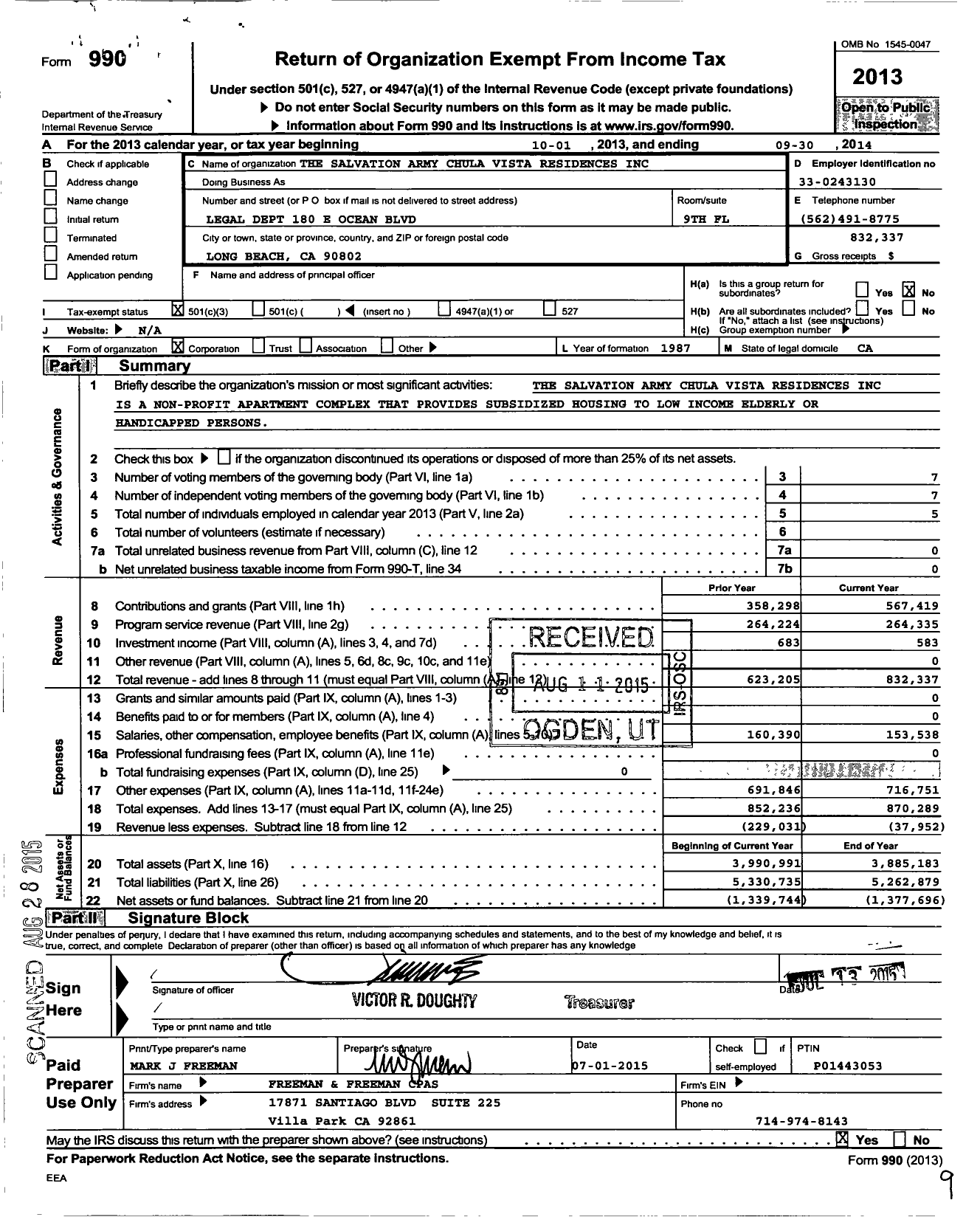 Image of first page of 2013 Form 990 for The Salvation Army San Diego Adult Rehabilitation Center