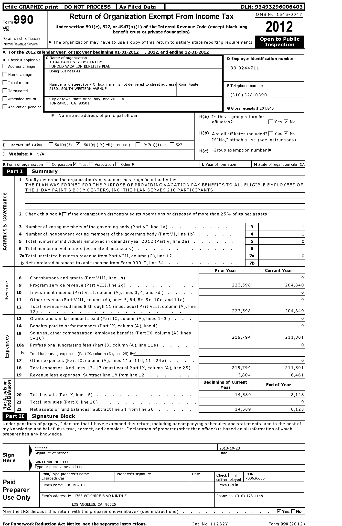Image of first page of 2012 Form 990O for 1-Day Paint and Body Centers Funded Vacation Benefits Plan