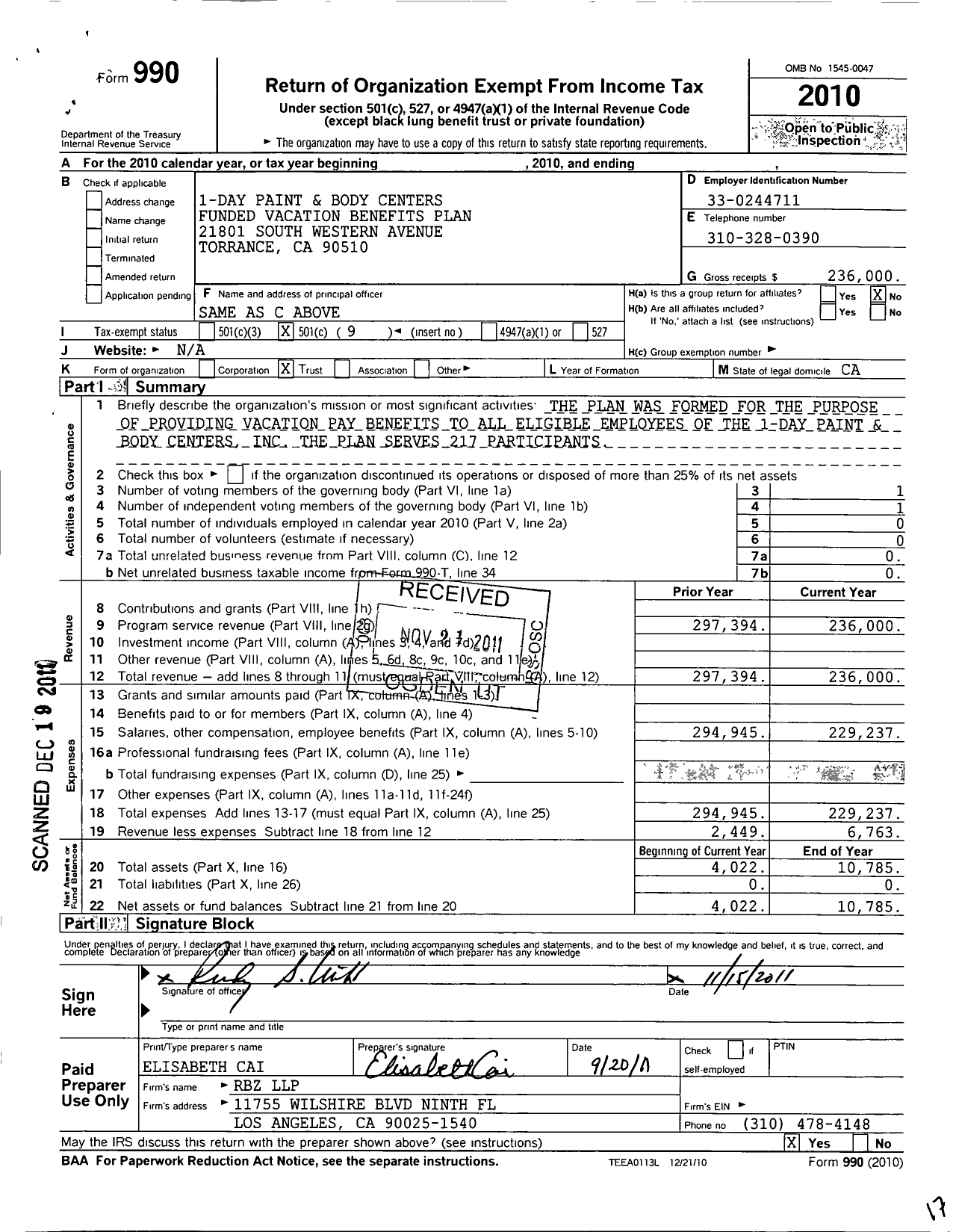 Image of first page of 2010 Form 990O for 1-Day Paint and Body Centers Funded Vacation Benefits Plan
