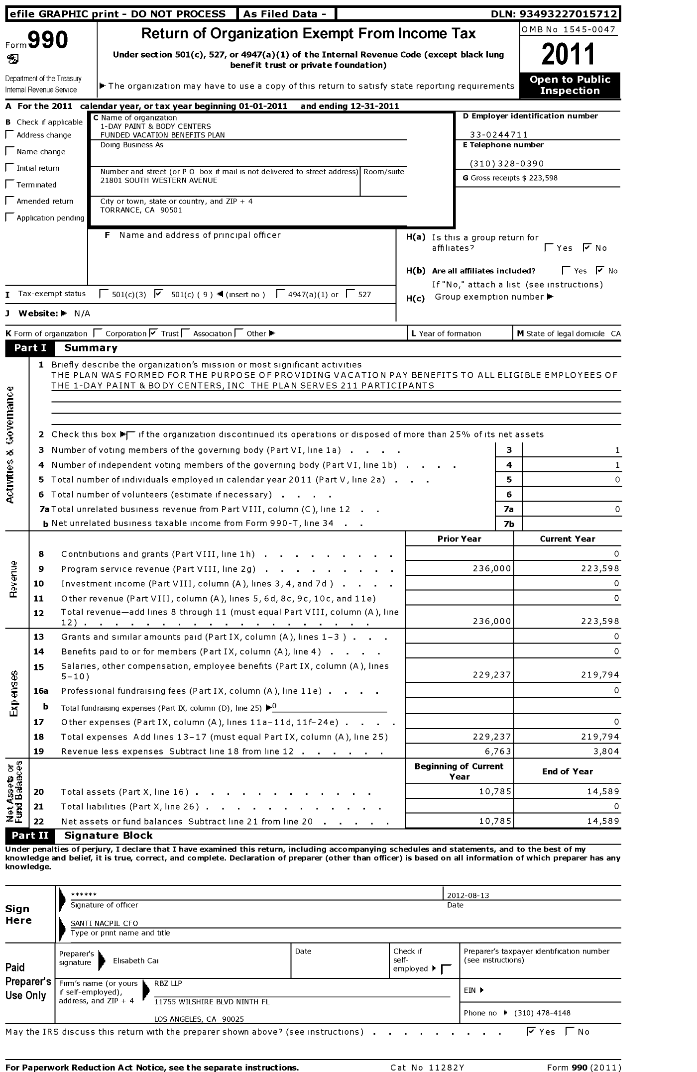 Image of first page of 2011 Form 990O for 1-Day Paint and Body Centers Funded Vacation Benefits Plan