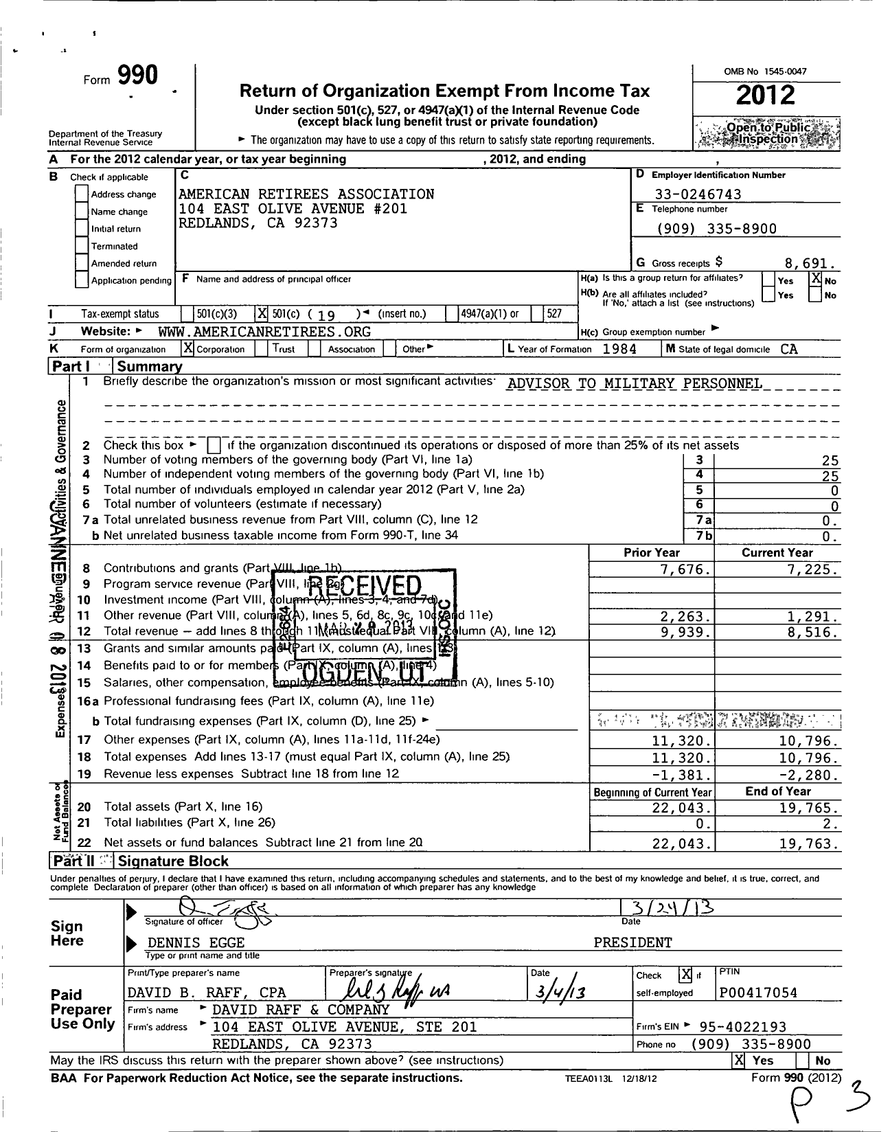 Image of first page of 2012 Form 990O for American Retirees Association