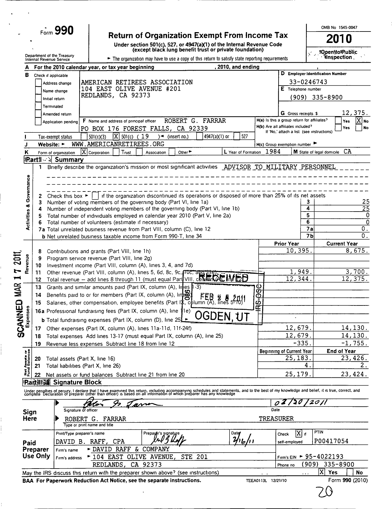 Image of first page of 2010 Form 990O for American Retirees Association