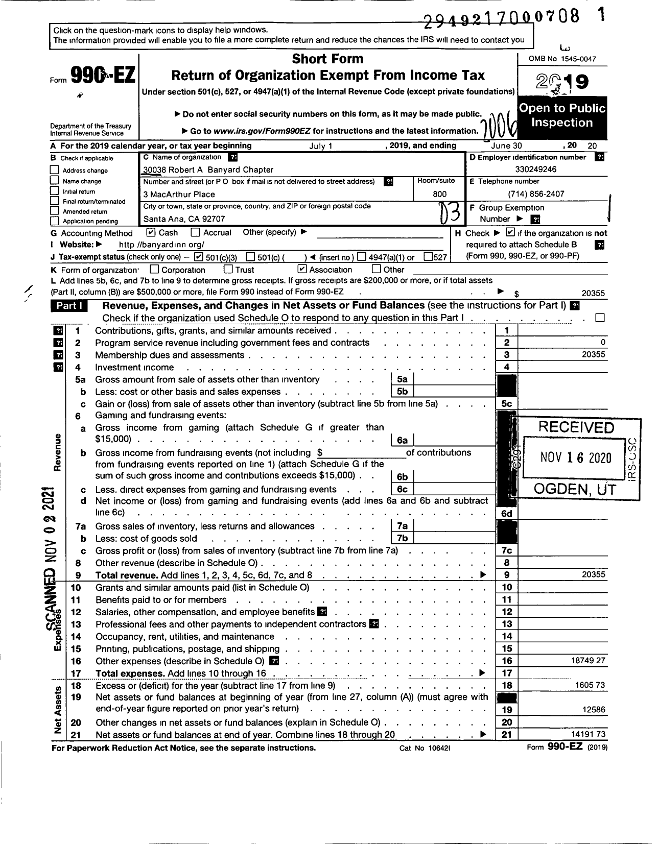 Image of first page of 2019 Form 990EZ for American Inns of Court Foundation - 30038 Robert A Banyard Chapter