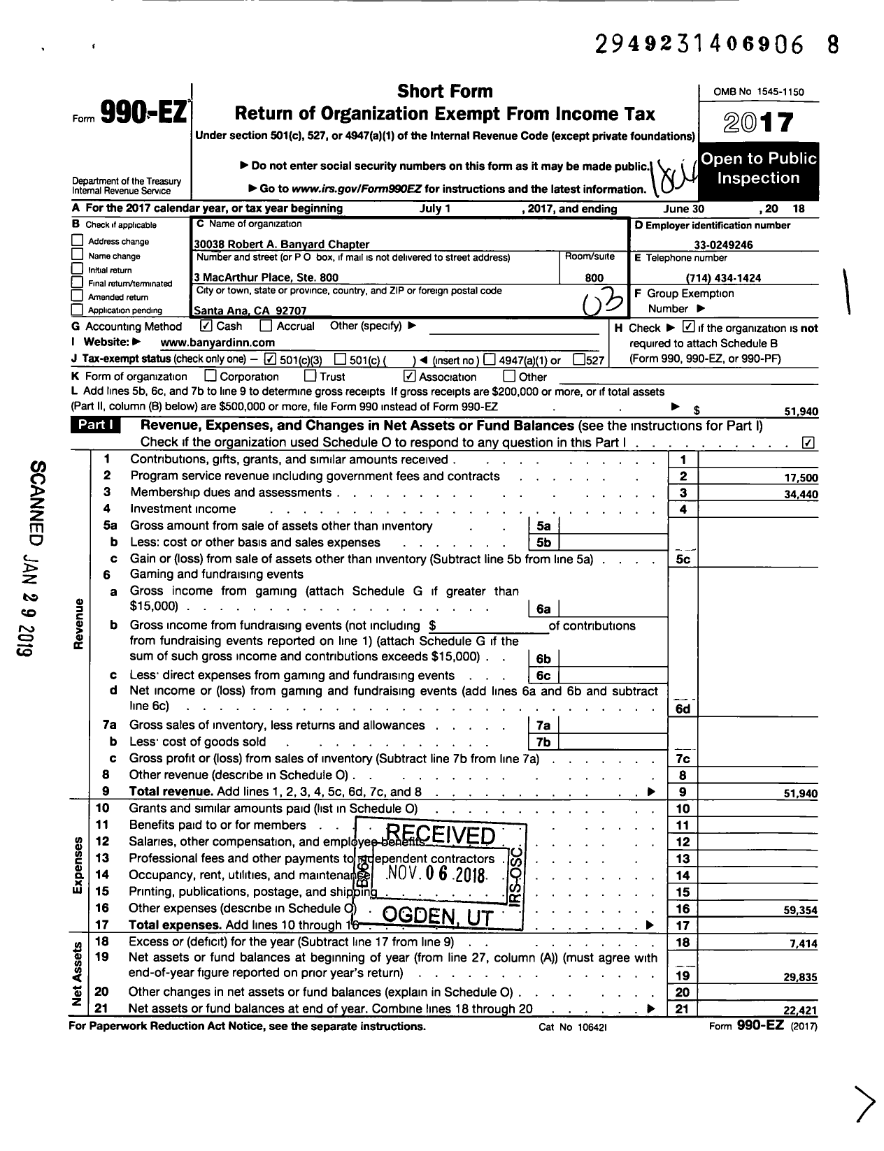 Image of first page of 2017 Form 990EZ for American Inns of Court Foundation - 30038 Robert A Banyard Chapter